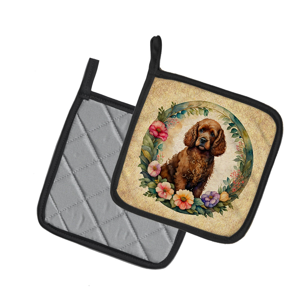 Irish Water Spaniel and Flowers Pot Holder Set of 2 Heat Resistant Quilted Hot Pads 7.5 x 7.5 Inch, Insulated Kitchen Trivets for Cooking & Baking