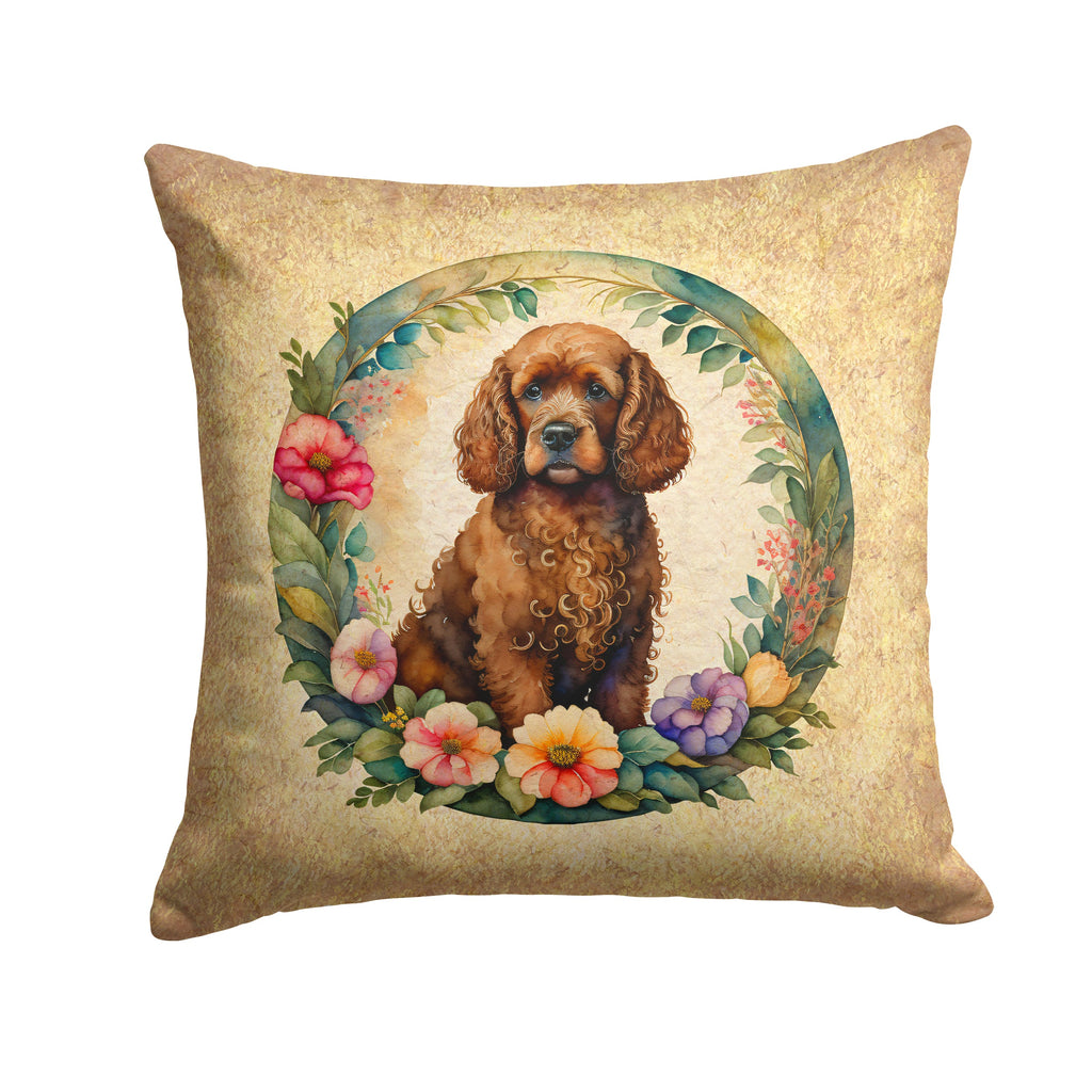 Irish Water Spaniel and Flowers Decorative Throw Pillow 14x14 Indoor Outdoor Accent Cushion, Fabric Cover with Insert for Sofa, Bed, Porch & Living Room