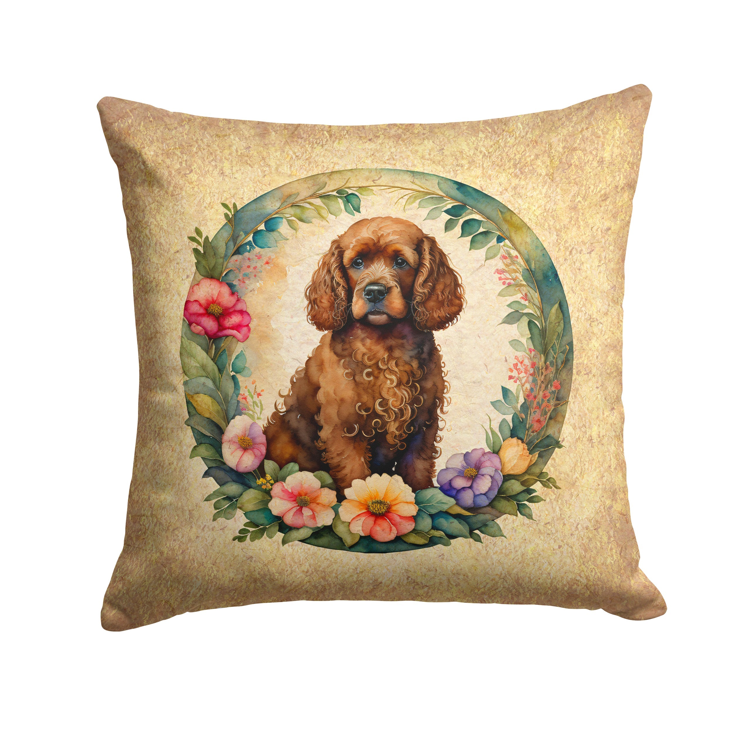 Irish Water Spaniel and Flowers Decorative Throw Pillow 14x14 Indoor Outdoor Accent Cushion, Fabric Cover with Insert for Sofa, Bed, Porch & Living Room
