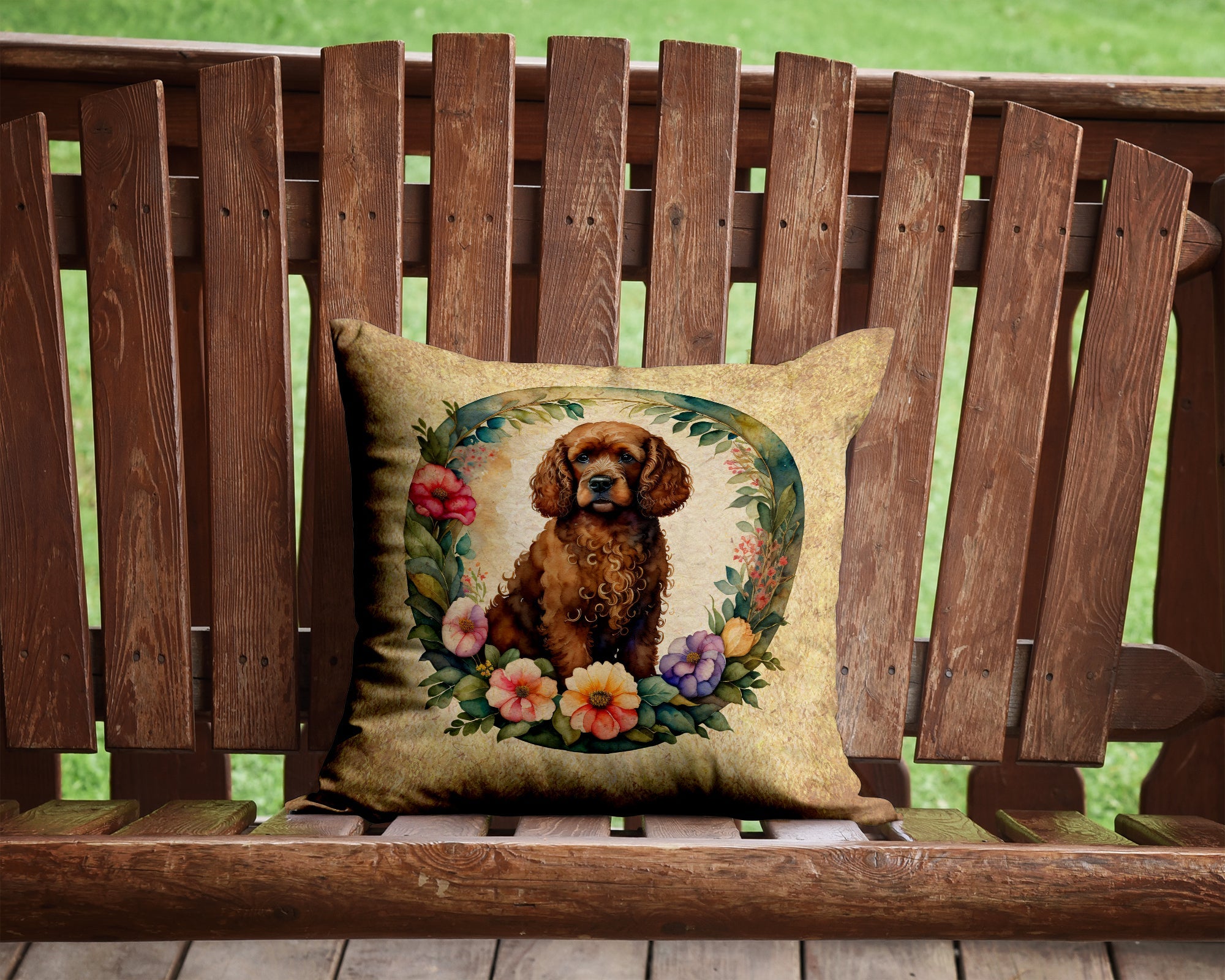 Irish Water Spaniel and Flowers Decorative Throw Pillow 14x14 Indoor Outdoor Accent Cushion, Fabric Cover with Insert for Sofa, Bed, Porch & Living Room
