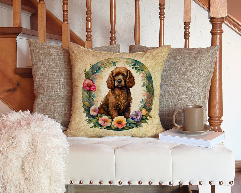 Irish Water Spaniel and Flowers Decorative Throw Pillow 14x14 Indoor Outdoor Accent Cushion, Fabric Cover with Insert for Sofa, Bed, Porch & Living Room