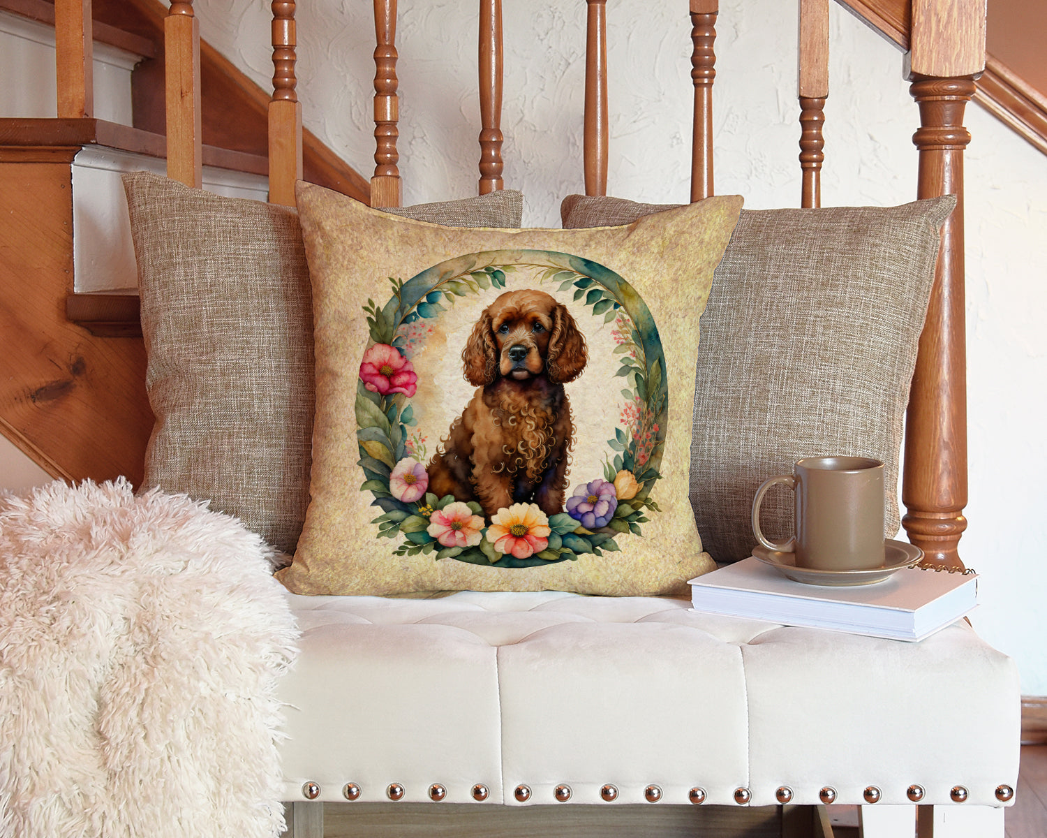 Irish Water Spaniel and Flowers Decorative Throw Pillow 14x14 Indoor Outdoor Accent Cushion, Fabric Cover with Insert for Sofa, Bed, Porch & Living Room