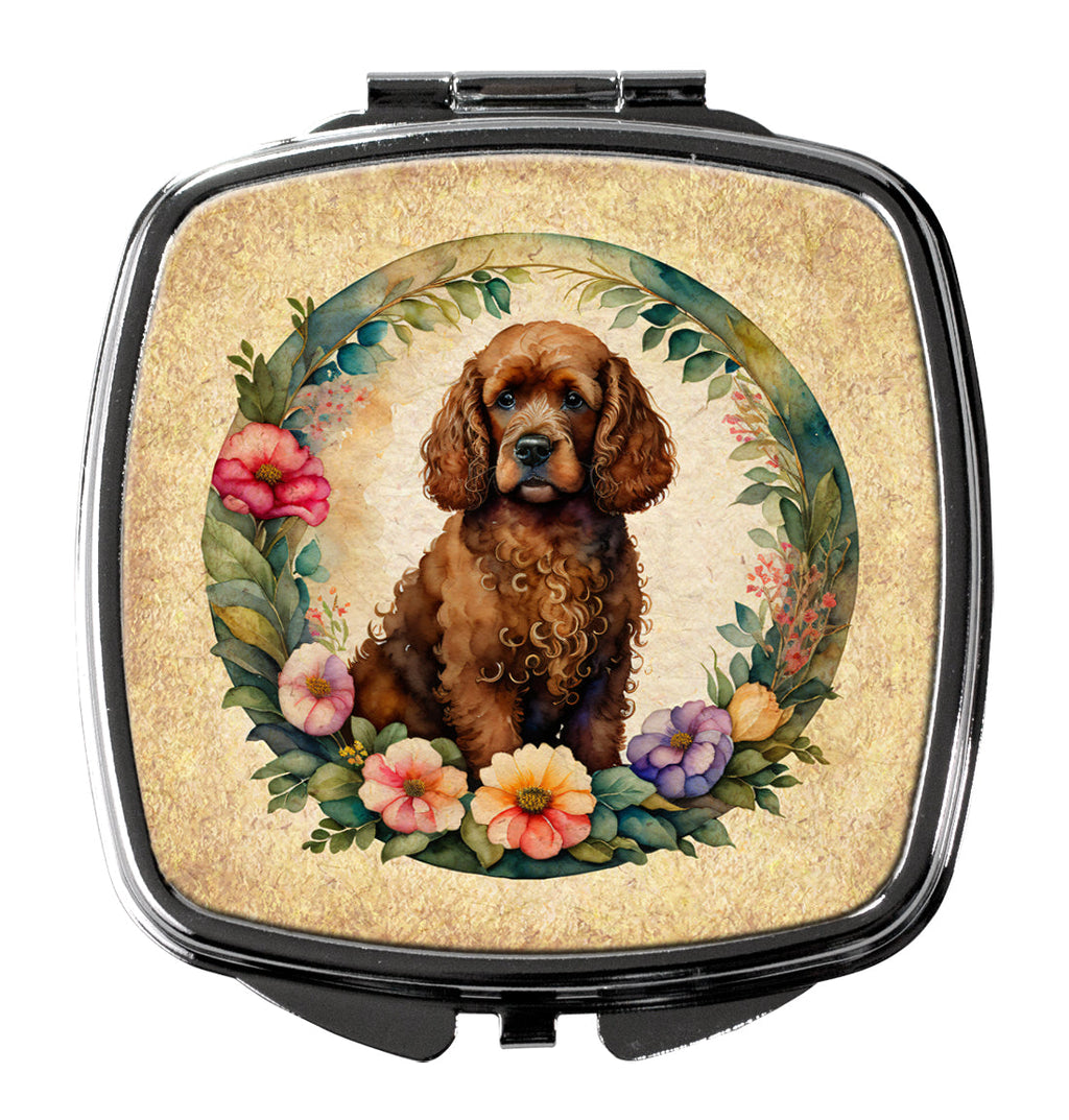 Irish Water Spaniel and Flowers Compact Mirror Decorative Travel Makeup Mirror for Women Girls Gifts Pocket Makeup Mirror Folding Handheld
