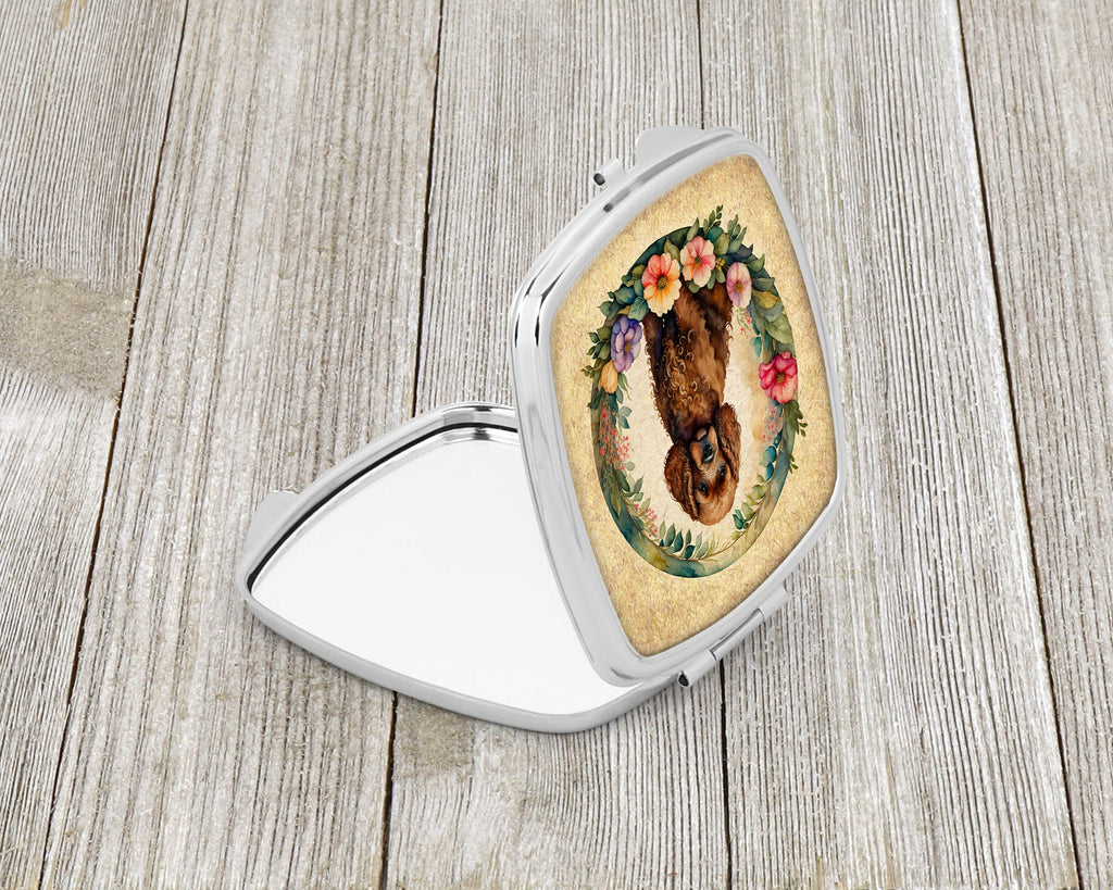 Irish Water Spaniel and Flowers Compact Mirror Decorative Travel Makeup Mirror for Women Girls Gifts Pocket Makeup Mirror Folding Handheld