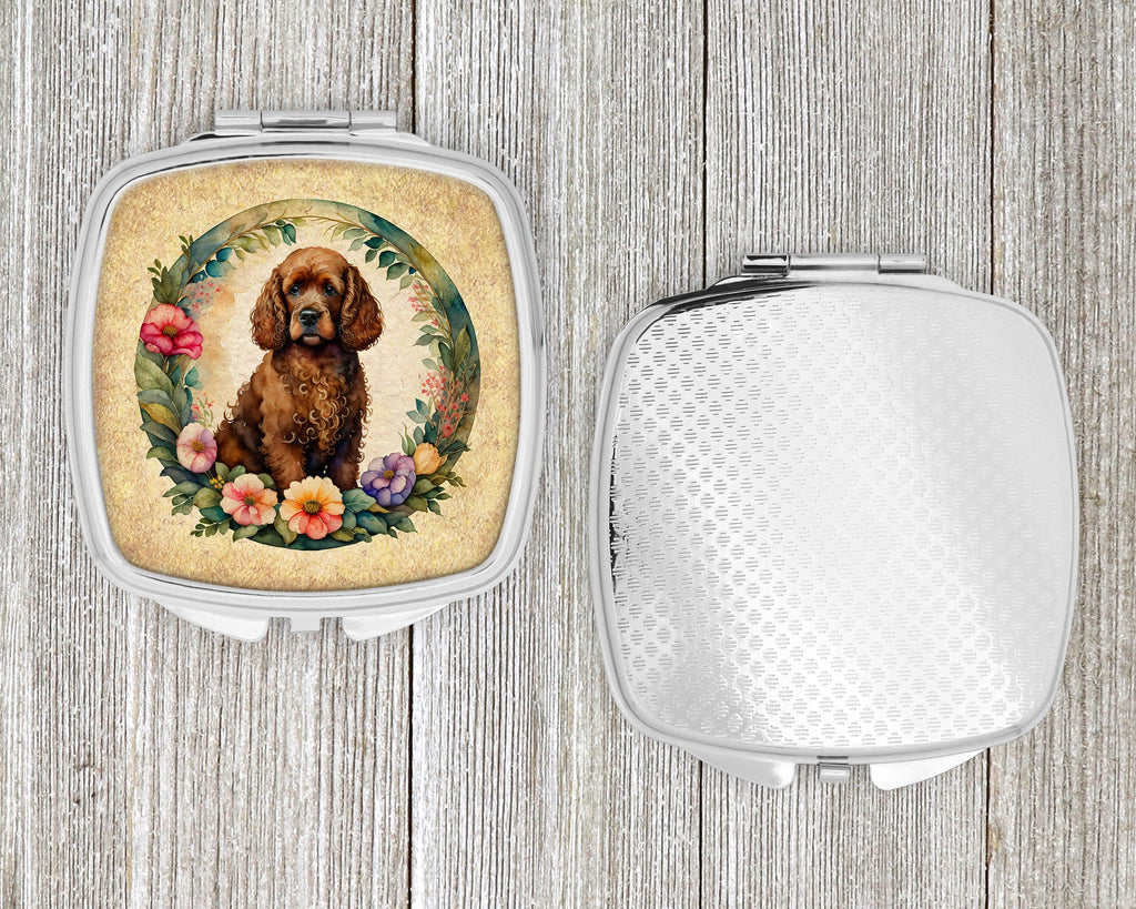 Irish Water Spaniel and Flowers Compact Mirror Decorative Travel Makeup Mirror for Women Girls Gifts Pocket Makeup Mirror Folding Handheld