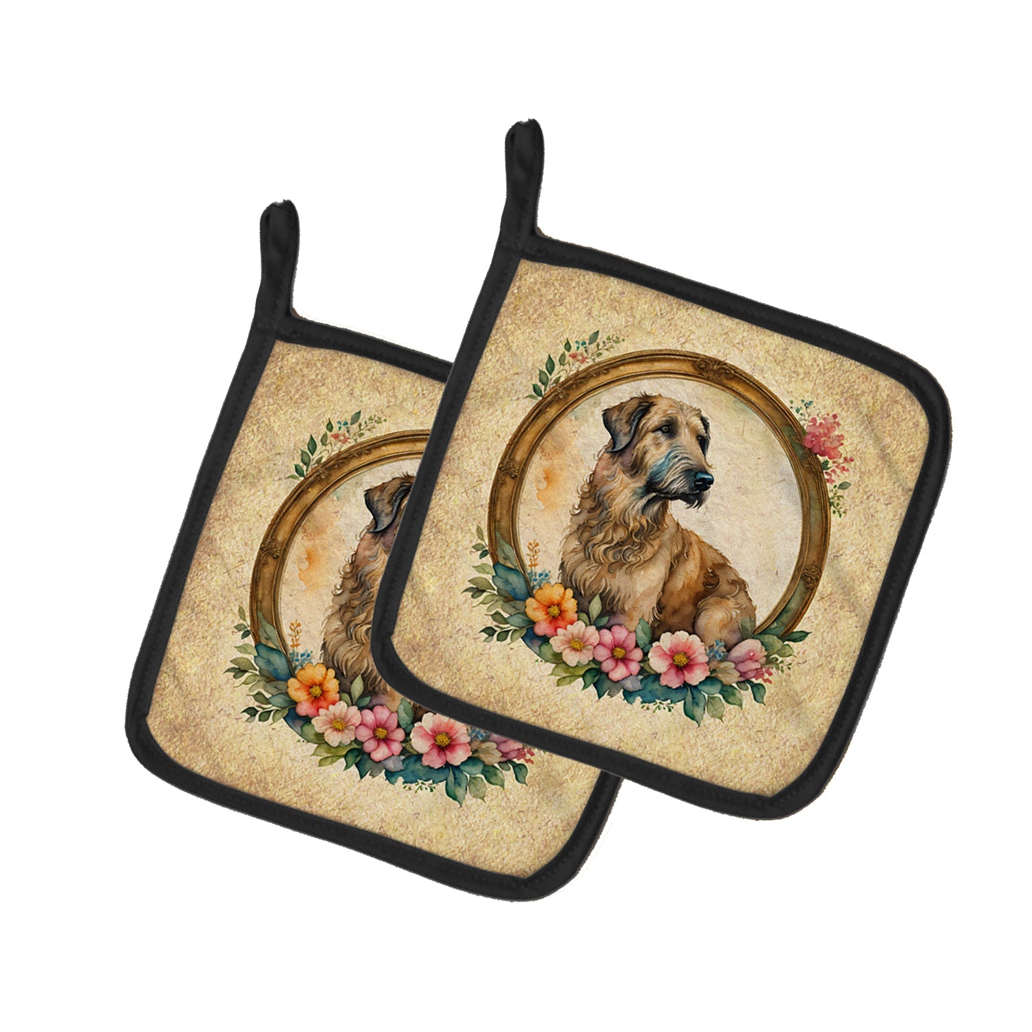 Irish Wolfhound and Flowers Pot Holder Set of 2 Heat Resistant Quilted Hot Pads 7.5 x 7.5 Inch, Insulated Kitchen Trivets for Cooking & Baking