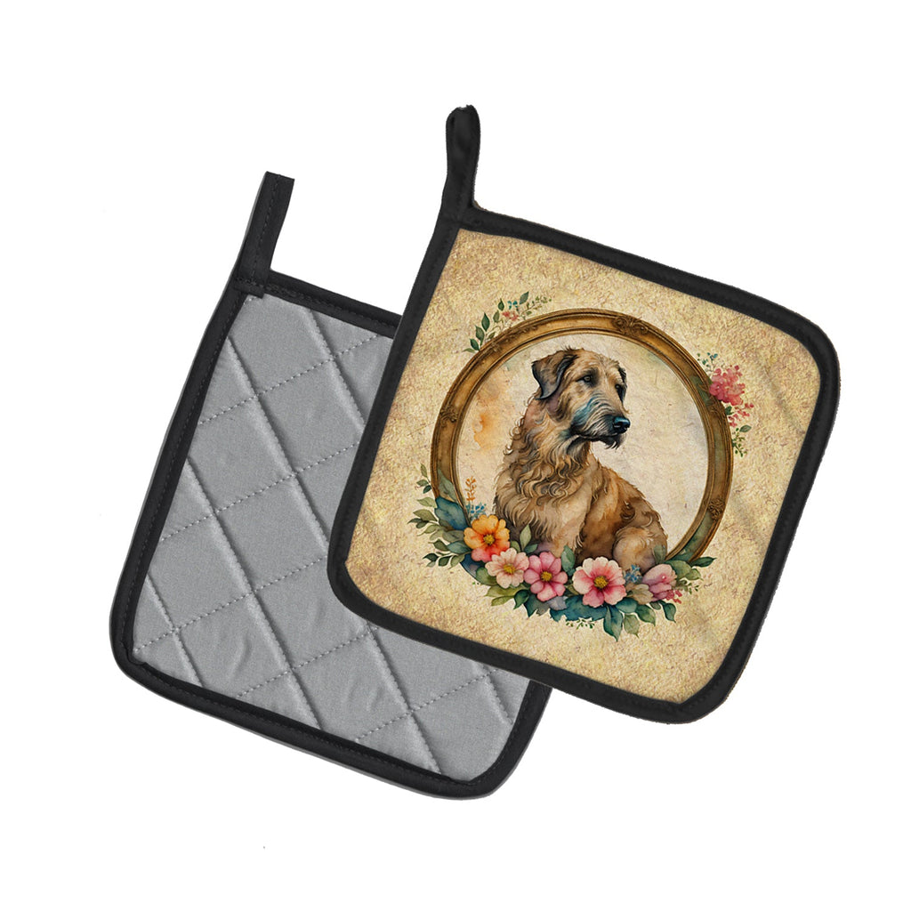 Irish Wolfhound and Flowers Pot Holder Set of 2 Heat Resistant Quilted Hot Pads 7.5 x 7.5 Inch, Insulated Kitchen Trivets for Cooking & Baking