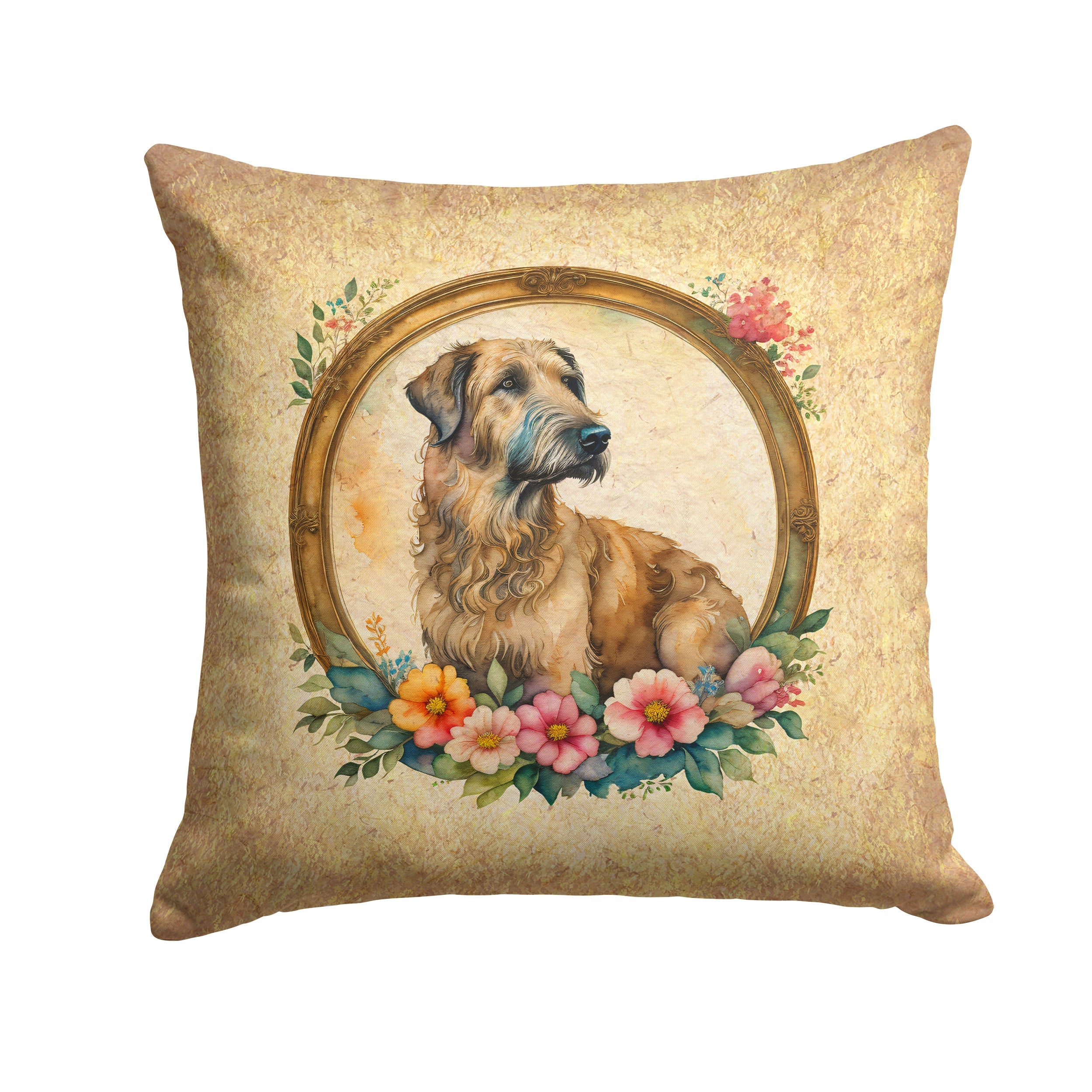 Irish Wolfhound and Flowers Decorative Throw Pillow 14x14 Indoor Outdoor Accent Cushion, Fabric Cover with Insert for Sofa, Bed, Porch & Living Room