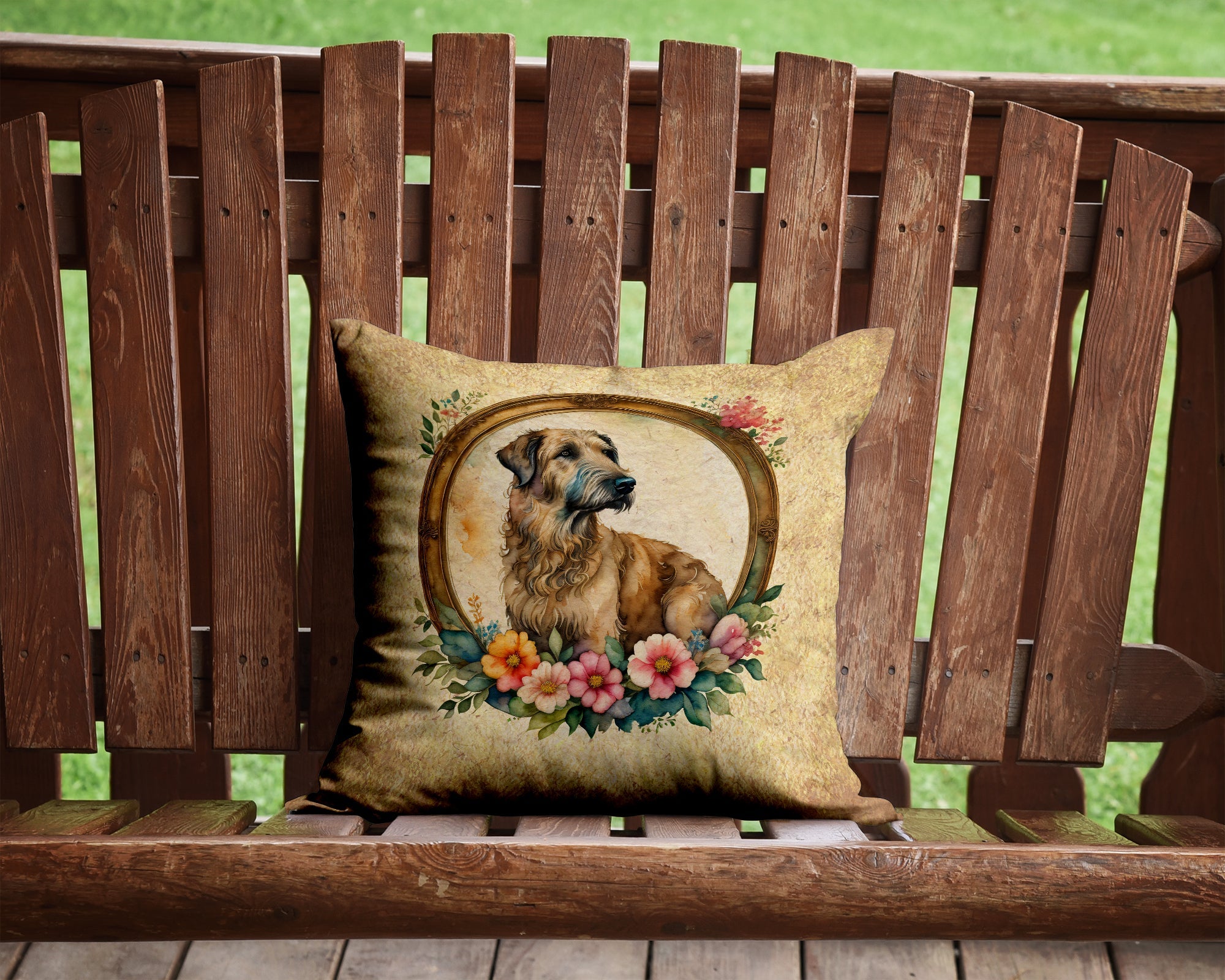 Irish Wolfhound and Flowers Decorative Throw Pillow 14x14 Indoor Outdoor Accent Cushion, Fabric Cover with Insert for Sofa, Bed, Porch & Living Room