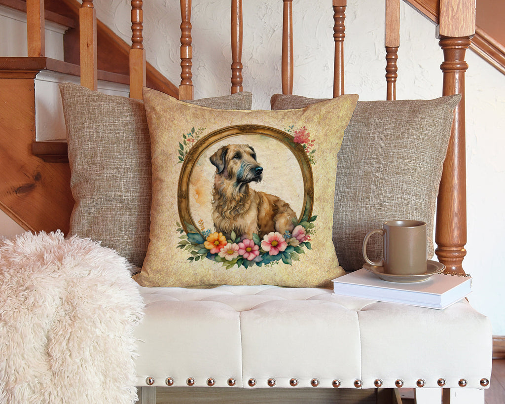 Irish Wolfhound and Flowers Decorative Throw Pillow 14x14 Indoor Outdoor Accent Cushion, Fabric Cover with Insert for Sofa, Bed, Porch & Living Room