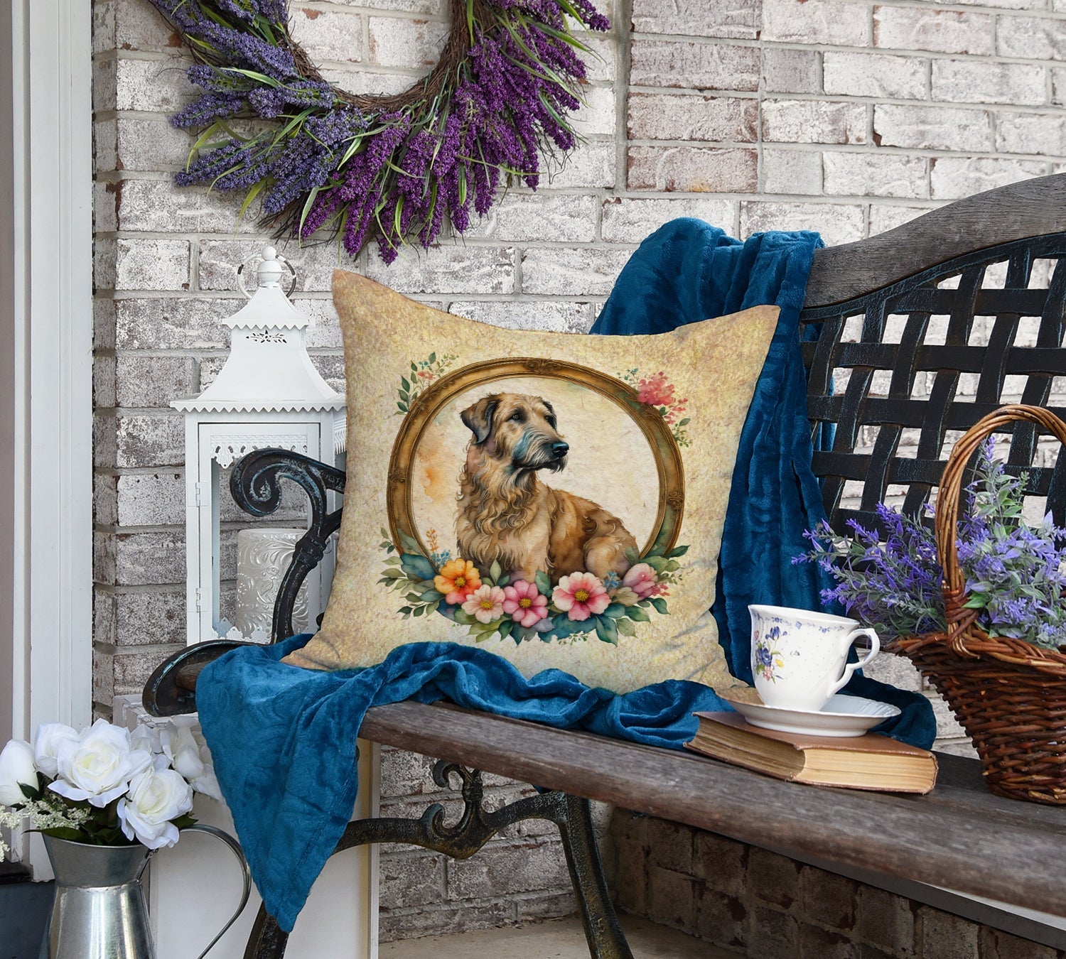 Irish Wolfhound and Flowers Decorative Throw Pillow 18x18 Indoor Outdoor Accent Cushion, Fabric Cover with Insert for Sofa, Bed, Porch & Living Room