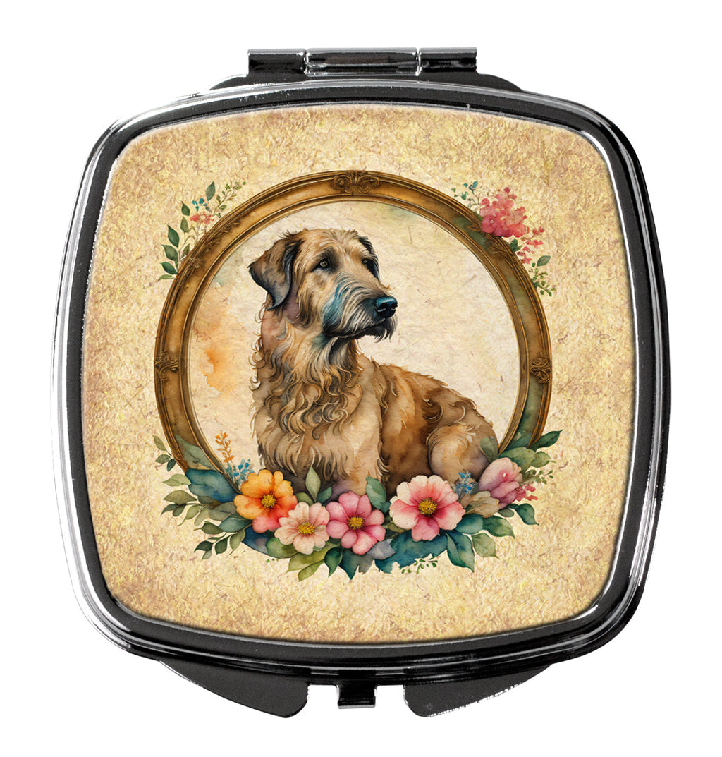Irish Wolfhound and Flowers Compact Mirror Decorative Travel Makeup Mirror for Women Girls Gifts Pocket Makeup Mirror Folding Handheld