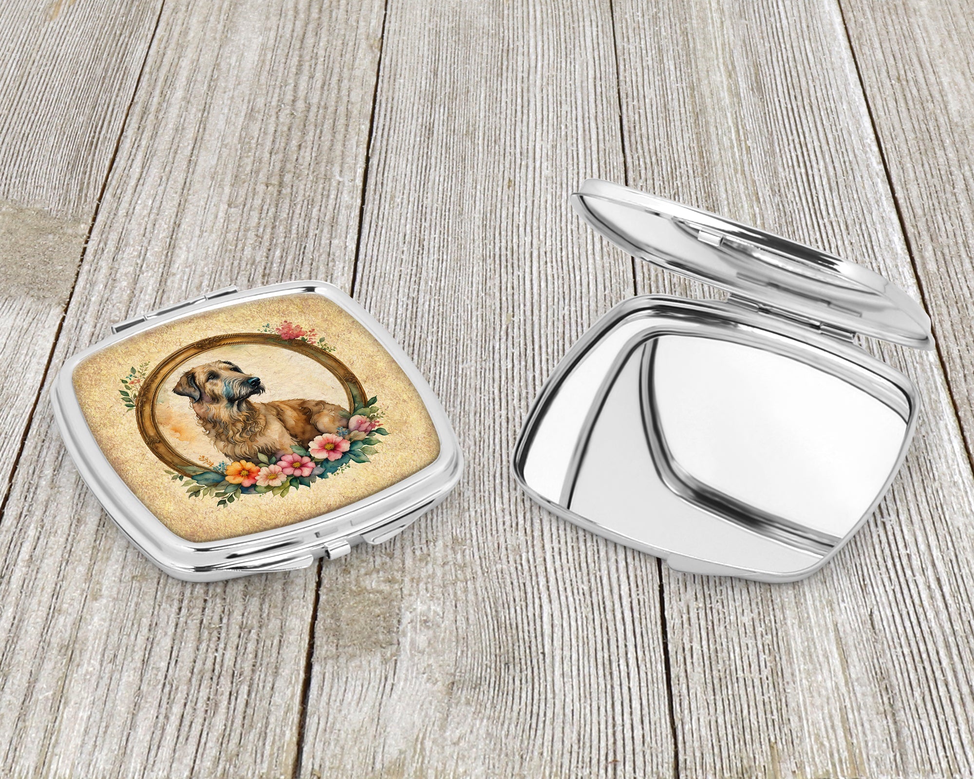 Irish Wolfhound and Flowers Compact Mirror Decorative Travel Makeup Mirror for Women Girls Gifts Pocket Makeup Mirror Folding Handheld