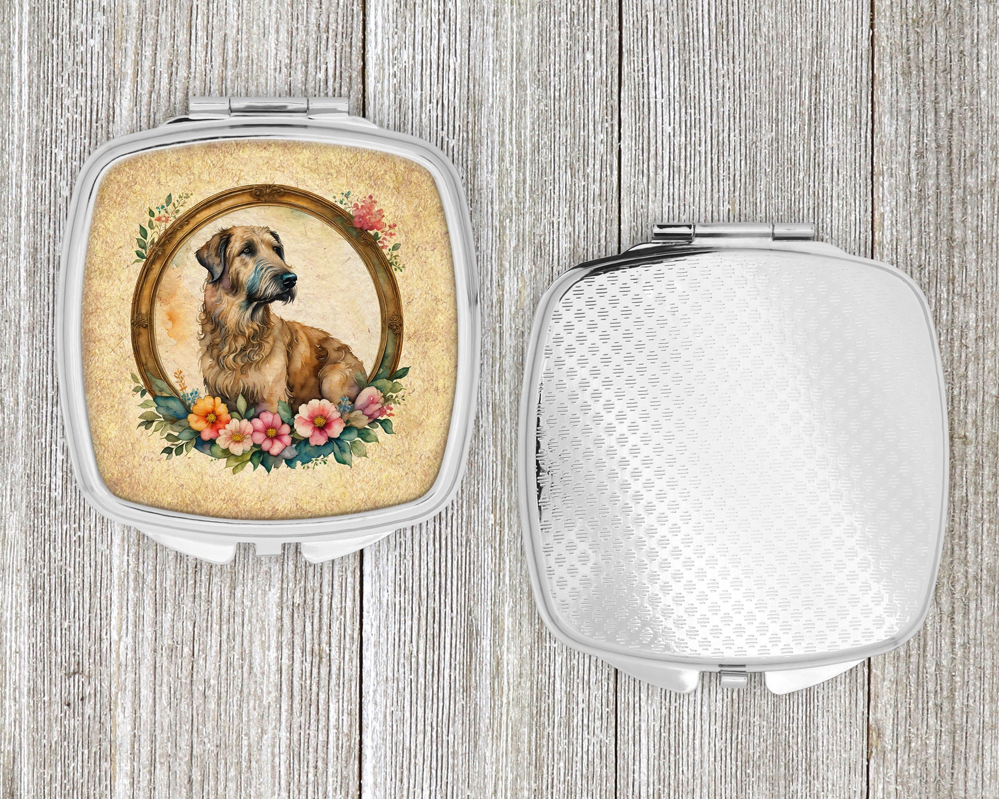Irish Wolfhound and Flowers Compact Mirror Decorative Travel Makeup Mirror for Women Girls Gifts Pocket Makeup Mirror Folding Handheld