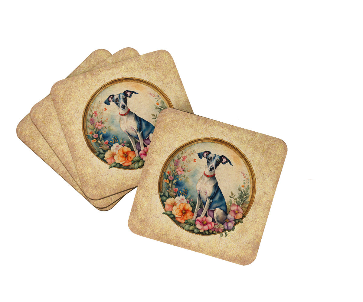 Italian Greyhound and Flowers Foam Coasters Set of 4 Cup Coasters for Indoor Outdoor, Tabletop Protection, Anti Slip, Mouse pad Material