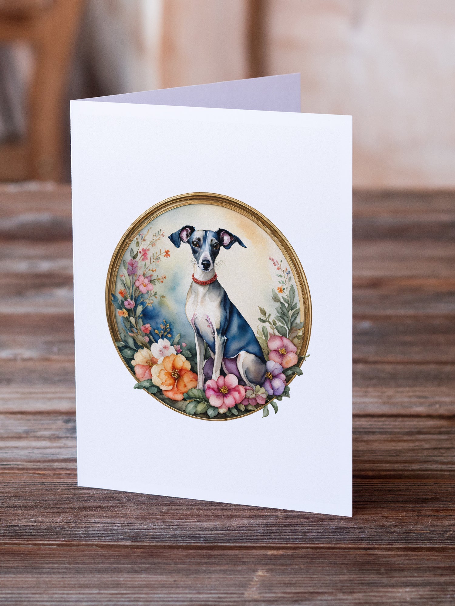 Italian Greyhound and Flowers Greeting Cards Pack of 8 Blank Cards with Envelopes Whimsical A7 Size 5x7