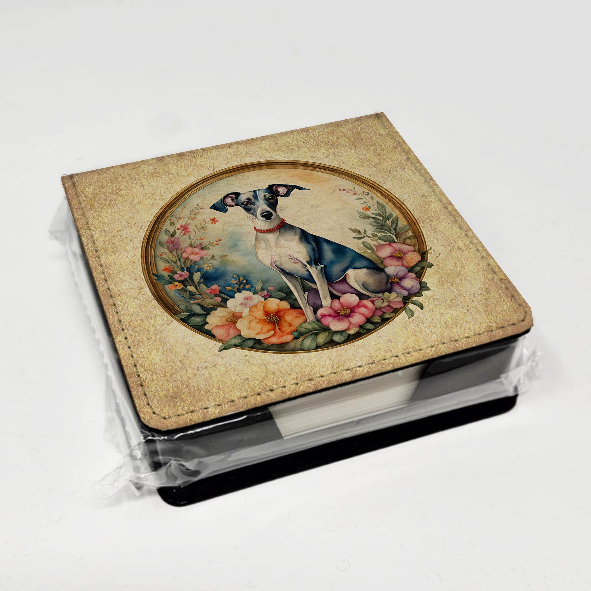 Italian Greyhound and Flowers PU Leather Note Paper Holder with Artist-Designed Cover, Desk Accessory, Office Gift