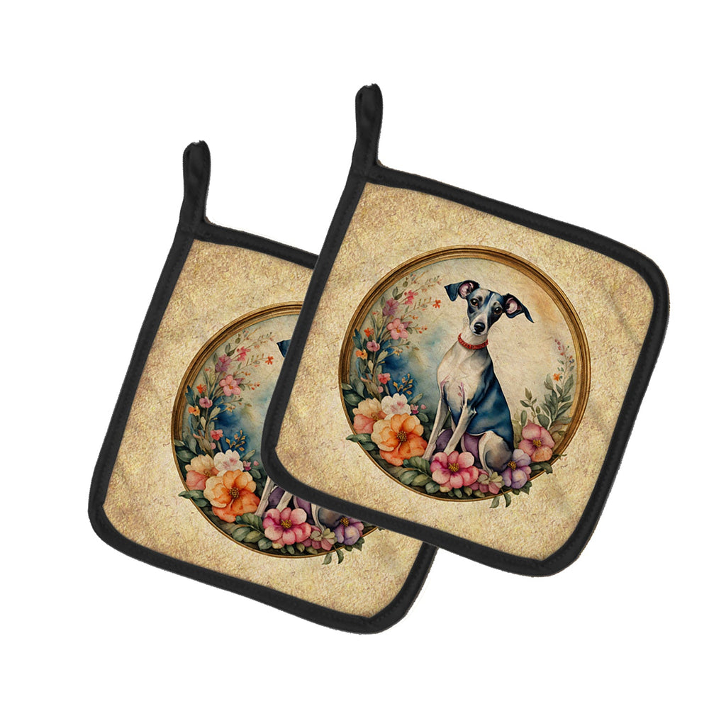 Italian Greyhound and Flowers Pot Holder Set of 2 Heat Resistant Quilted Hot Pads 7.5 x 7.5 Inch, Insulated Kitchen Trivets for Cooking & Baking