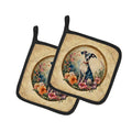 Italian Greyhound and Flowers Pot Holder Set of 2 Heat Resistant Quilted Hot Pads 7.5 x 7.5 Inch, Insulated Kitchen Trivets for Cooking & Baking