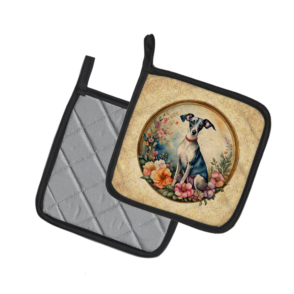 Italian Greyhound and Flowers Pot Holder Set of 2 Heat Resistant Quilted Hot Pads 7.5 x 7.5 Inch, Insulated Kitchen Trivets for Cooking & Baking