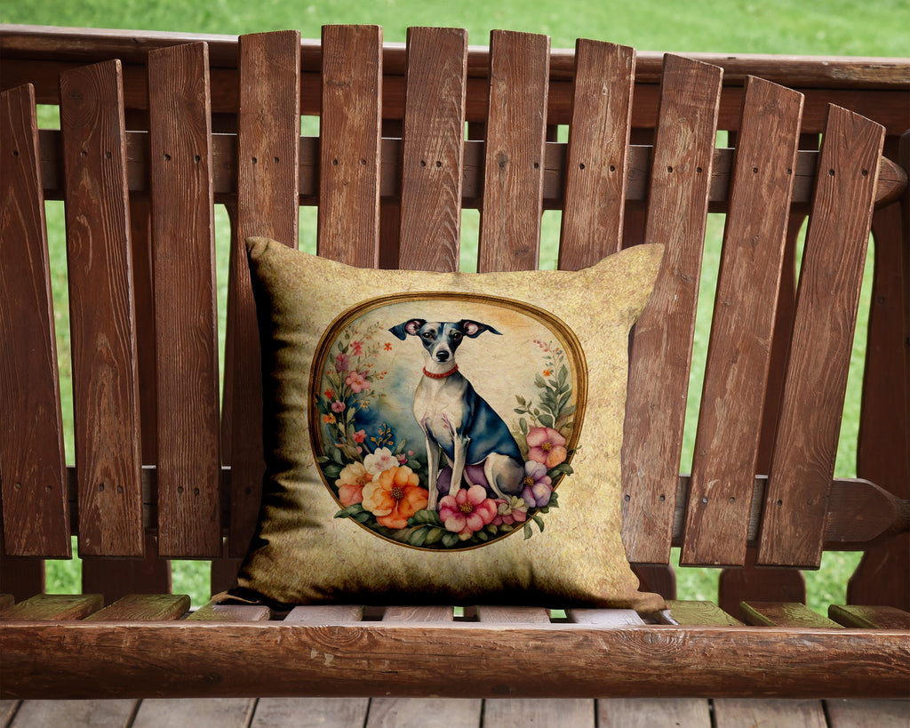 Italian Greyhound and Flowers Decorative Throw Pillow 14x14 Indoor Outdoor Accent Cushion, Fabric Cover with Insert for Sofa, Bed, Porch & Living Room