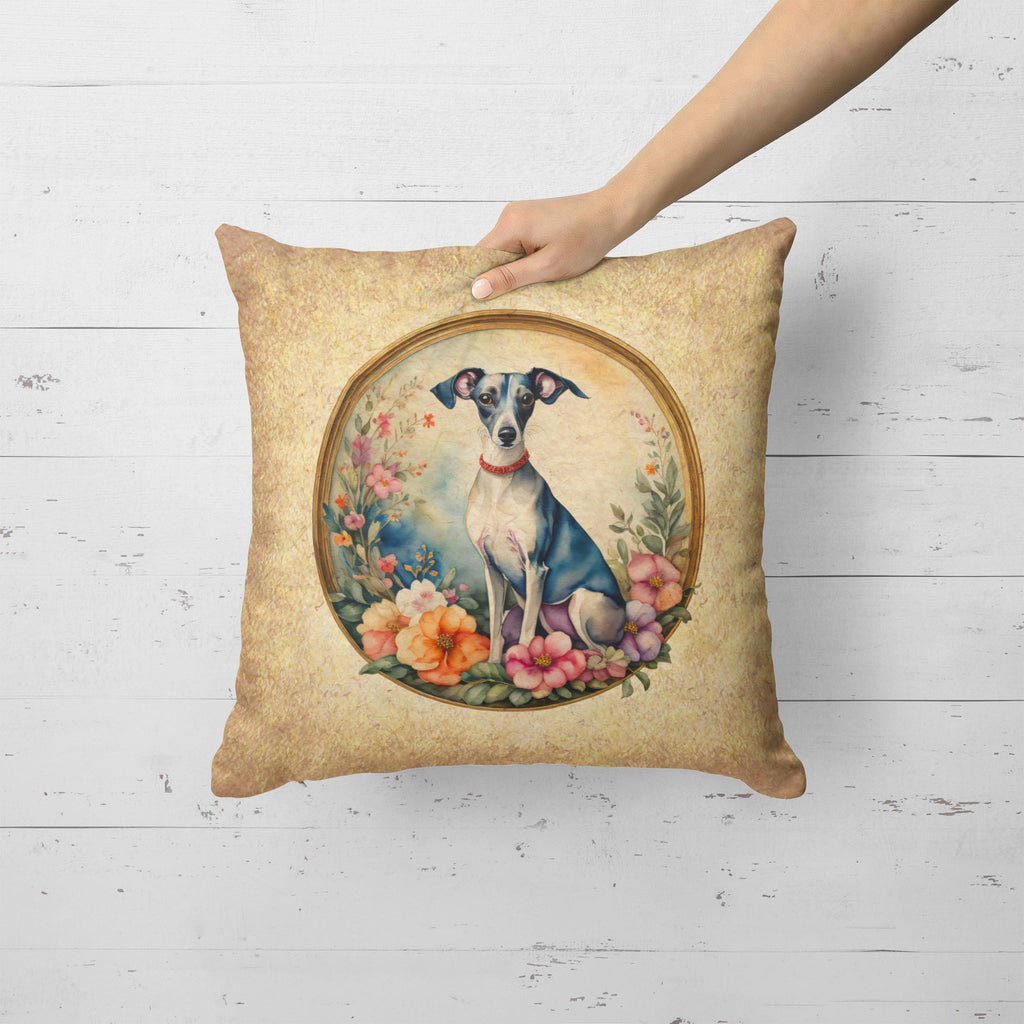 Italian Greyhound and Flowers Decorative Throw Pillow 18x18 Indoor Outdoor Accent Cushion, Fabric Cover with Insert for Sofa, Bed, Porch & Living Room