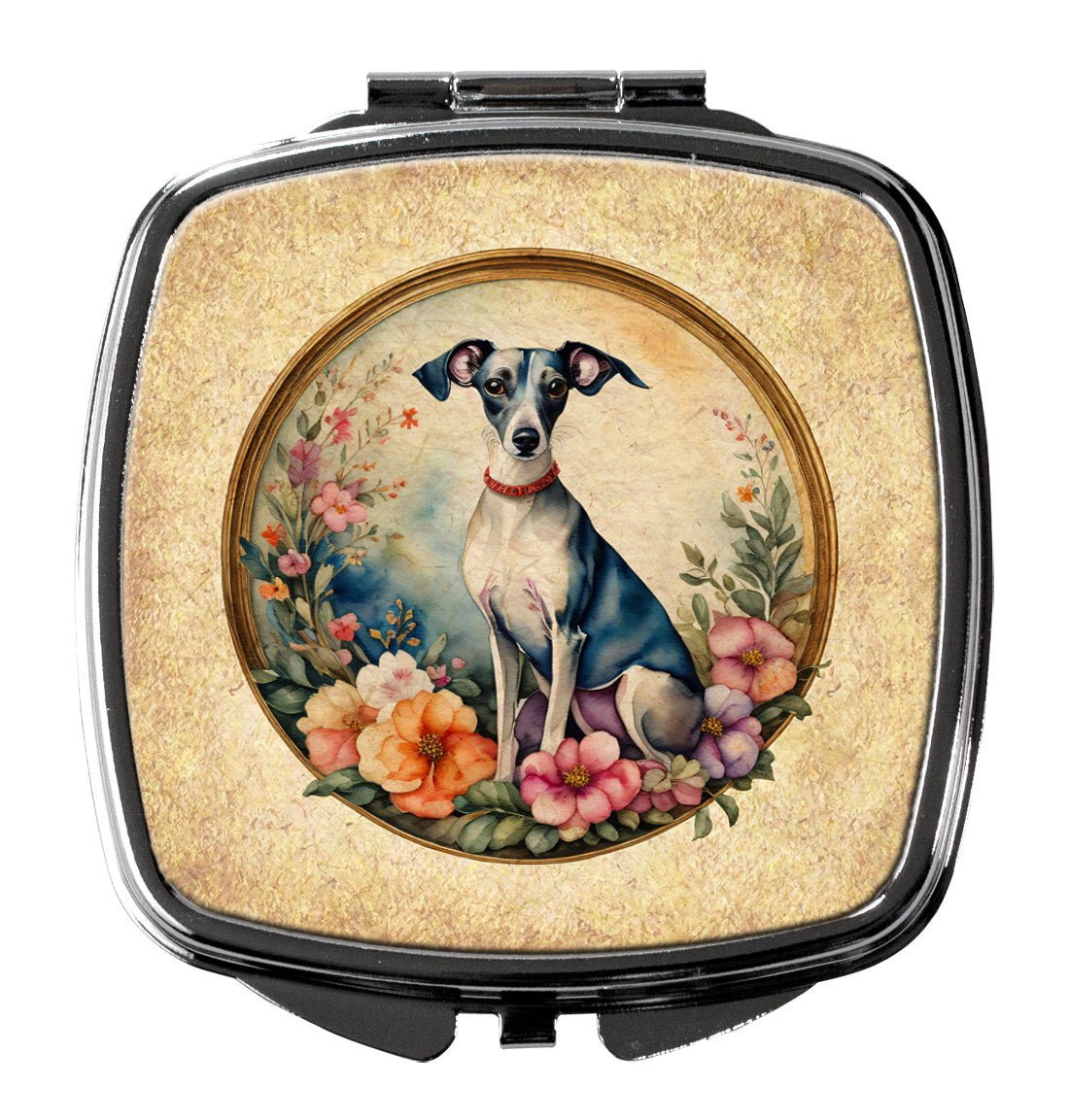 Italian Greyhound and Flowers Compact Mirror Decorative Travel Makeup Mirror for Women Girls Gifts Pocket Makeup Mirror Folding Handheld
