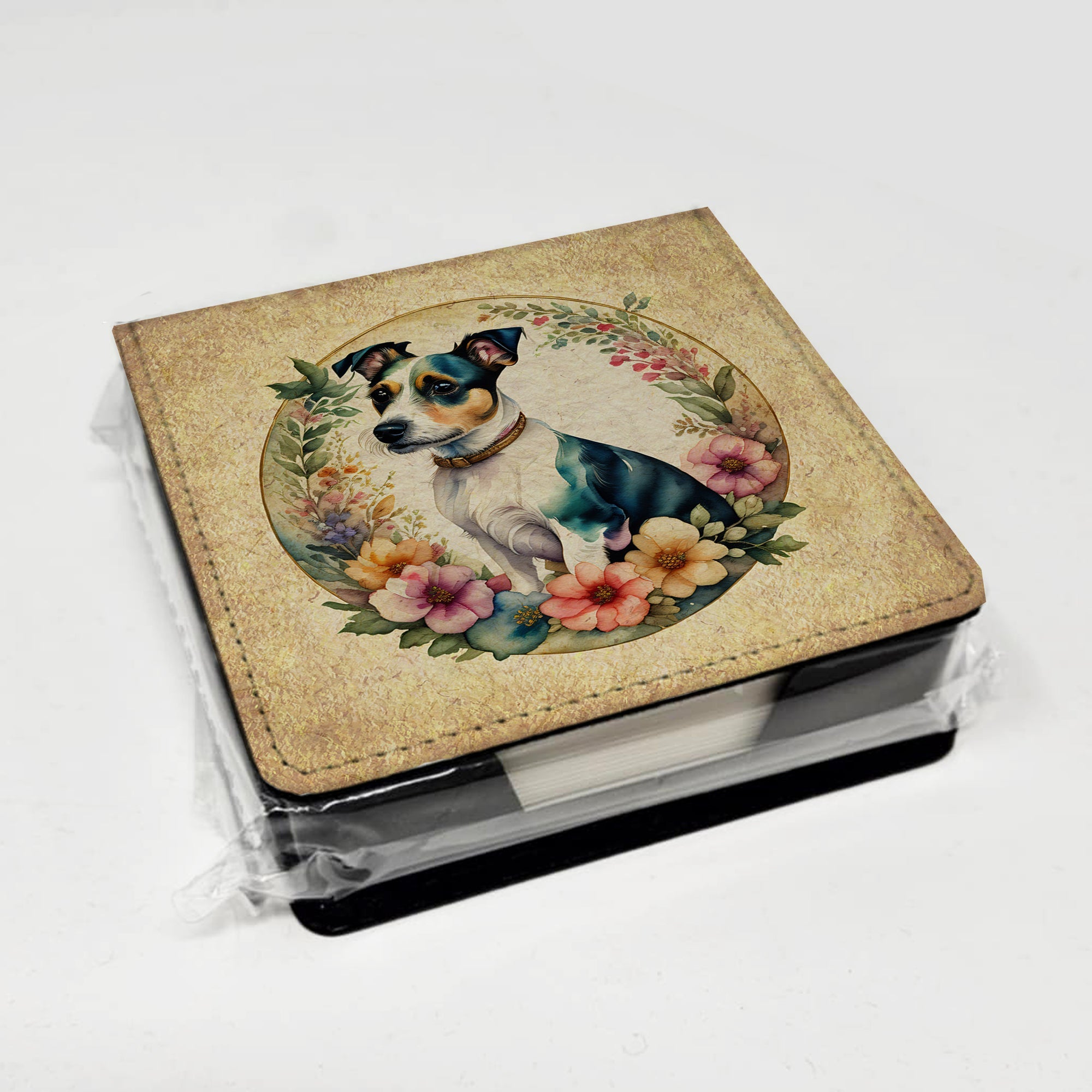 Jack Russell Terrier and Flowers PU Leather Note Paper Holder with Artist-Designed Cover, Desk Accessory, Office Gift