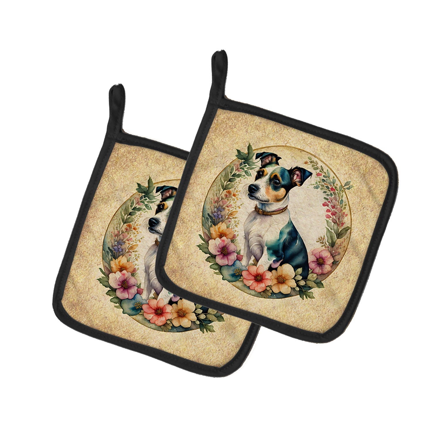 Jack Russell Terrier and Flowers Pot Holder Set of 2 Heat Resistant Quilted Hot Pads 7.5 x 7.5 Inch, Insulated Kitchen Trivets for Cooking & Baking