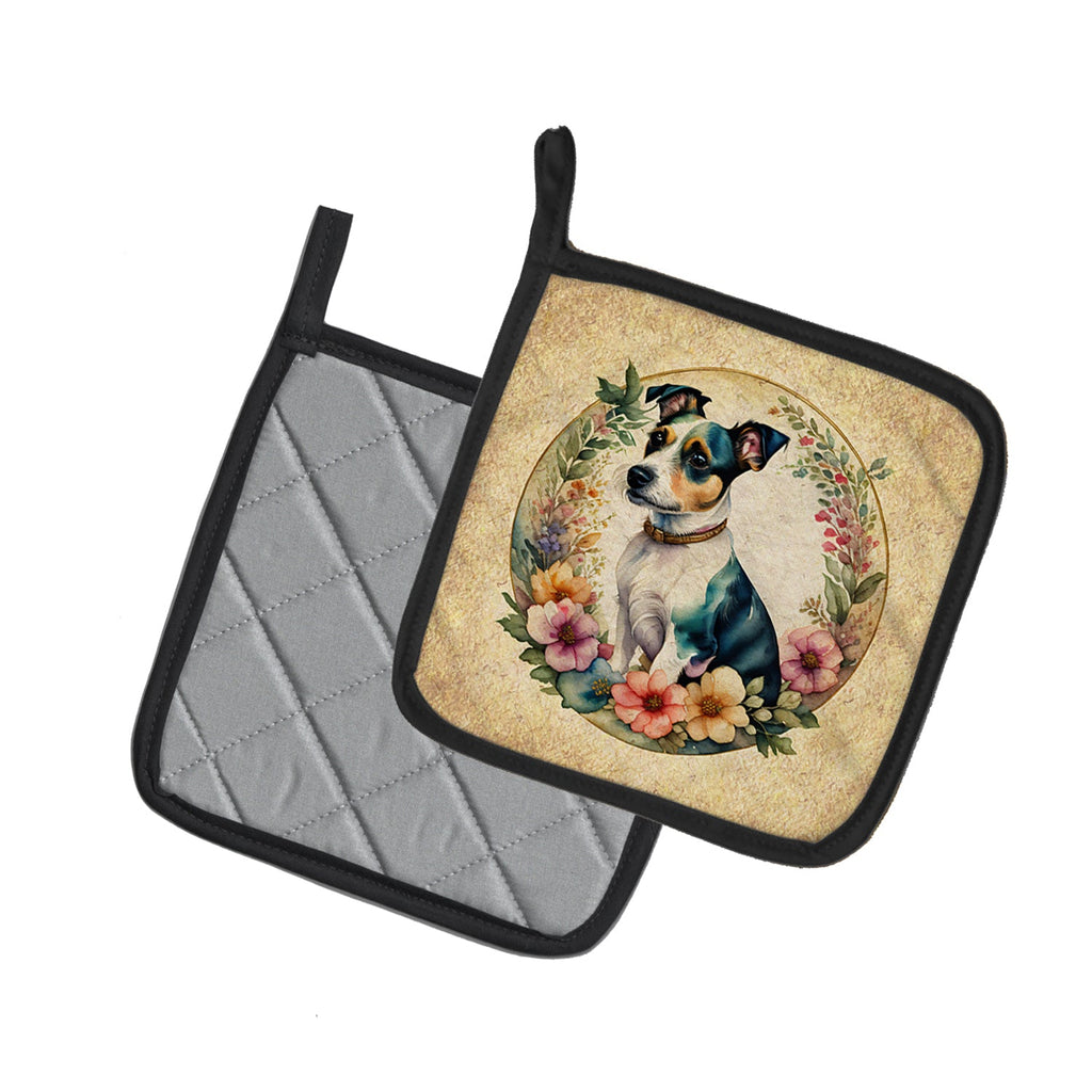 Jack Russell Terrier and Flowers Pot Holder Set of 2 Heat Resistant Quilted Hot Pads 7.5 x 7.5 Inch, Insulated Kitchen Trivets for Cooking & Baking