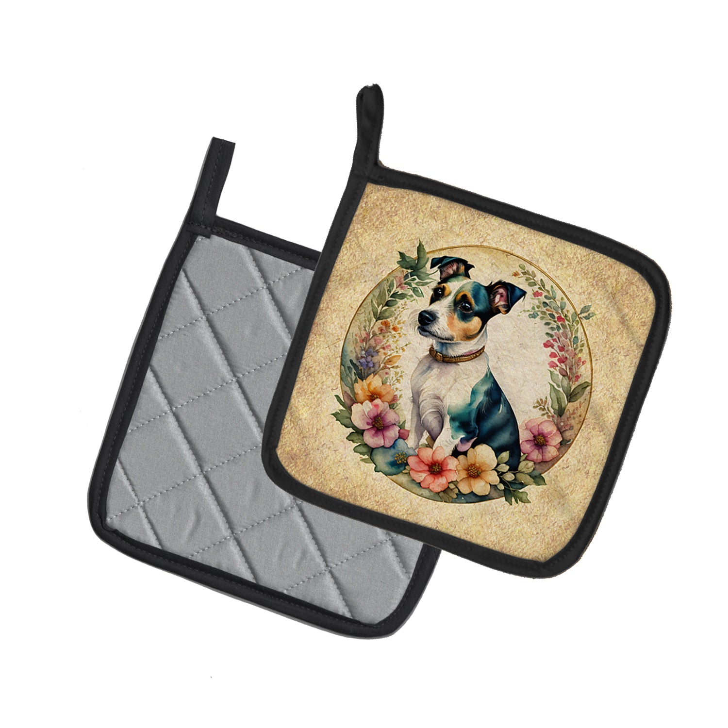 Jack Russell Terrier and Flowers Pot Holder Set of 2 Heat Resistant Quilted Hot Pads 7.5 x 7.5 Inch, Insulated Kitchen Trivets for Cooking & Baking