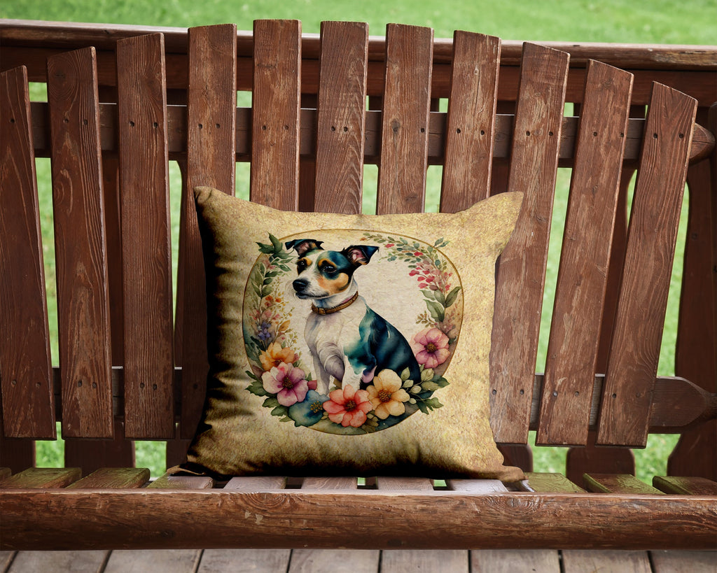 Jack Russell Terrier and Flowers Decorative Throw Pillow 14x14 Indoor Outdoor Accent Cushion, Fabric Cover with Insert for Sofa, Bed, Porch & Living Room