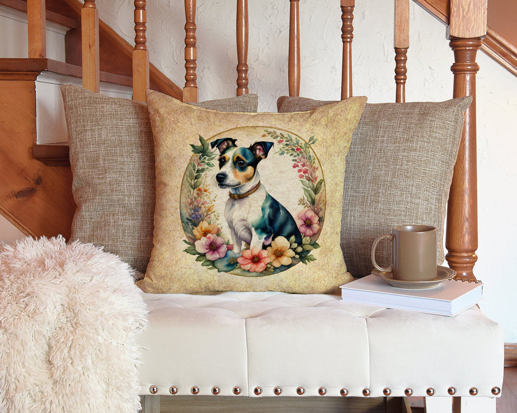 Jack Russell Terrier and Flowers Decorative Throw Pillow 14x14 Indoor Outdoor Accent Cushion, Fabric Cover with Insert for Sofa, Bed, Porch & Living Room