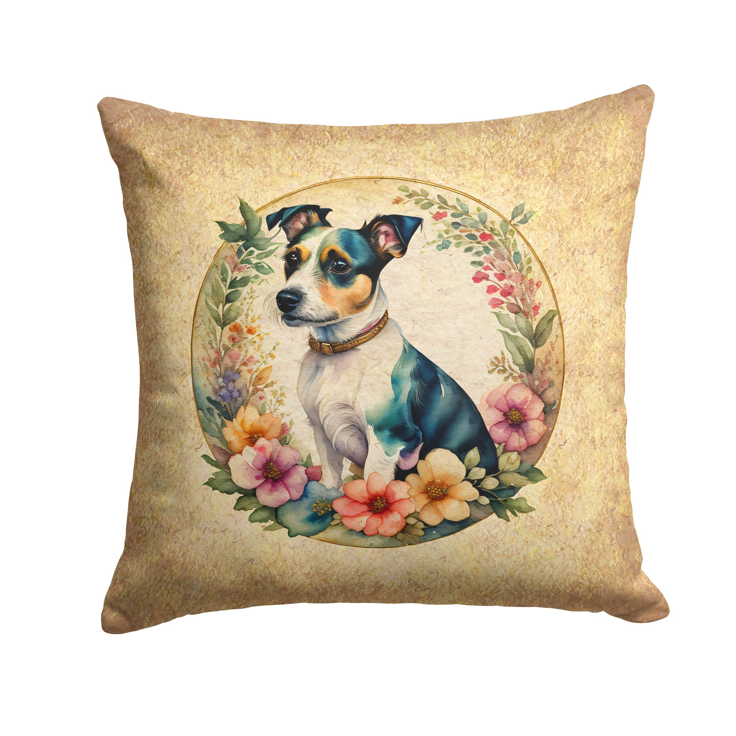 Jack Russell Terrier and Flowers Decorative Throw Pillow 18x18 Indoor Outdoor Accent Cushion, Fabric Cover with Insert for Sofa, Bed, Porch & Living Room