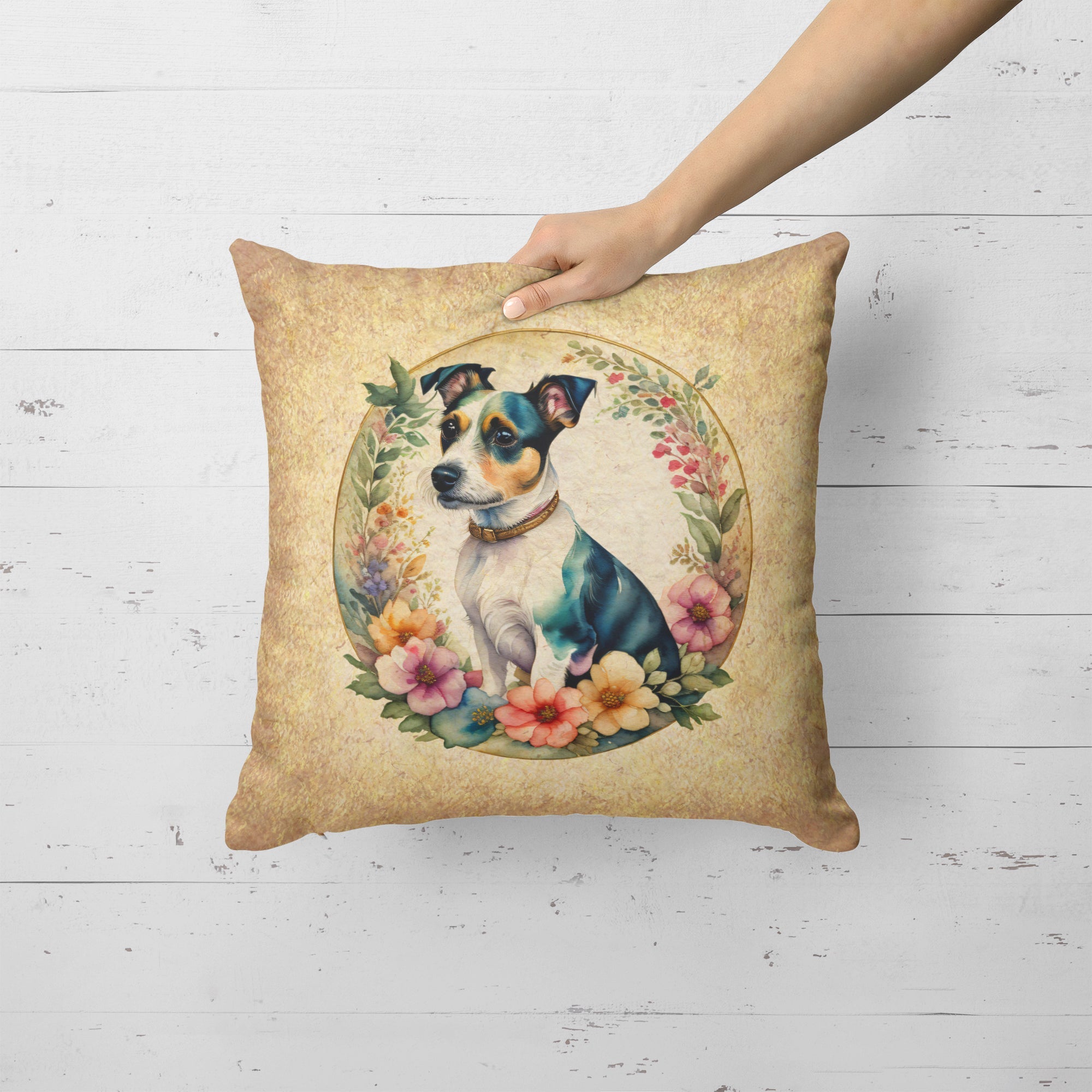 Jack Russell Terrier and Flowers Decorative Throw Pillow 18x18 Indoor Outdoor Accent Cushion, Fabric Cover with Insert for Sofa, Bed, Porch & Living Room