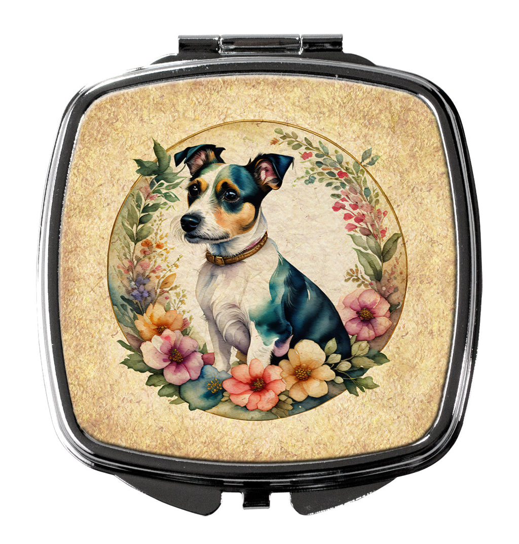 Jack Russell Terrier and Flowers Compact Mirror Decorative Travel Makeup Mirror for Women Girls Gifts Pocket Makeup Mirror Folding Handheld