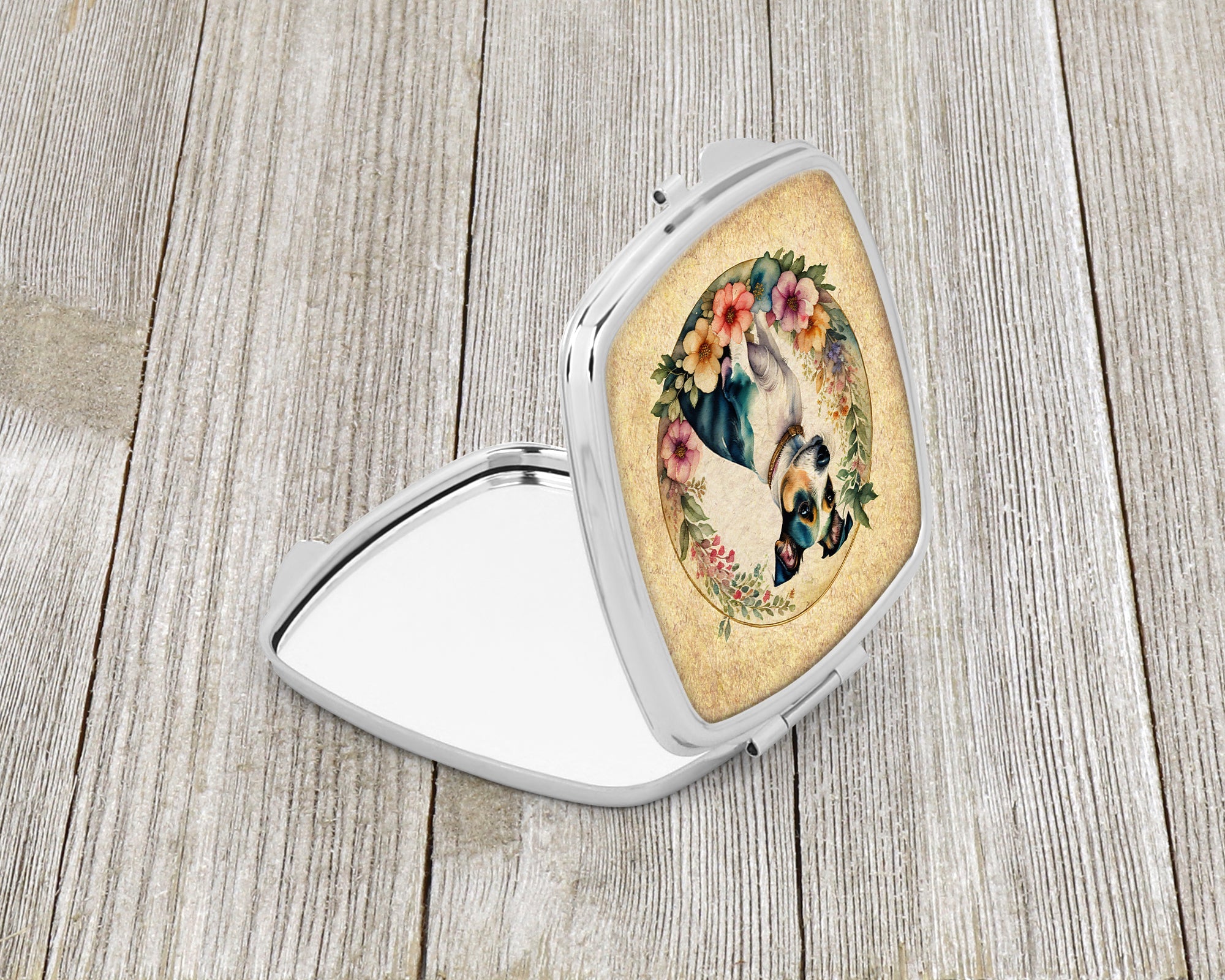 Jack Russell Terrier and Flowers Compact Mirror Decorative Travel Makeup Mirror for Women Girls Gifts Pocket Makeup Mirror Folding Handheld