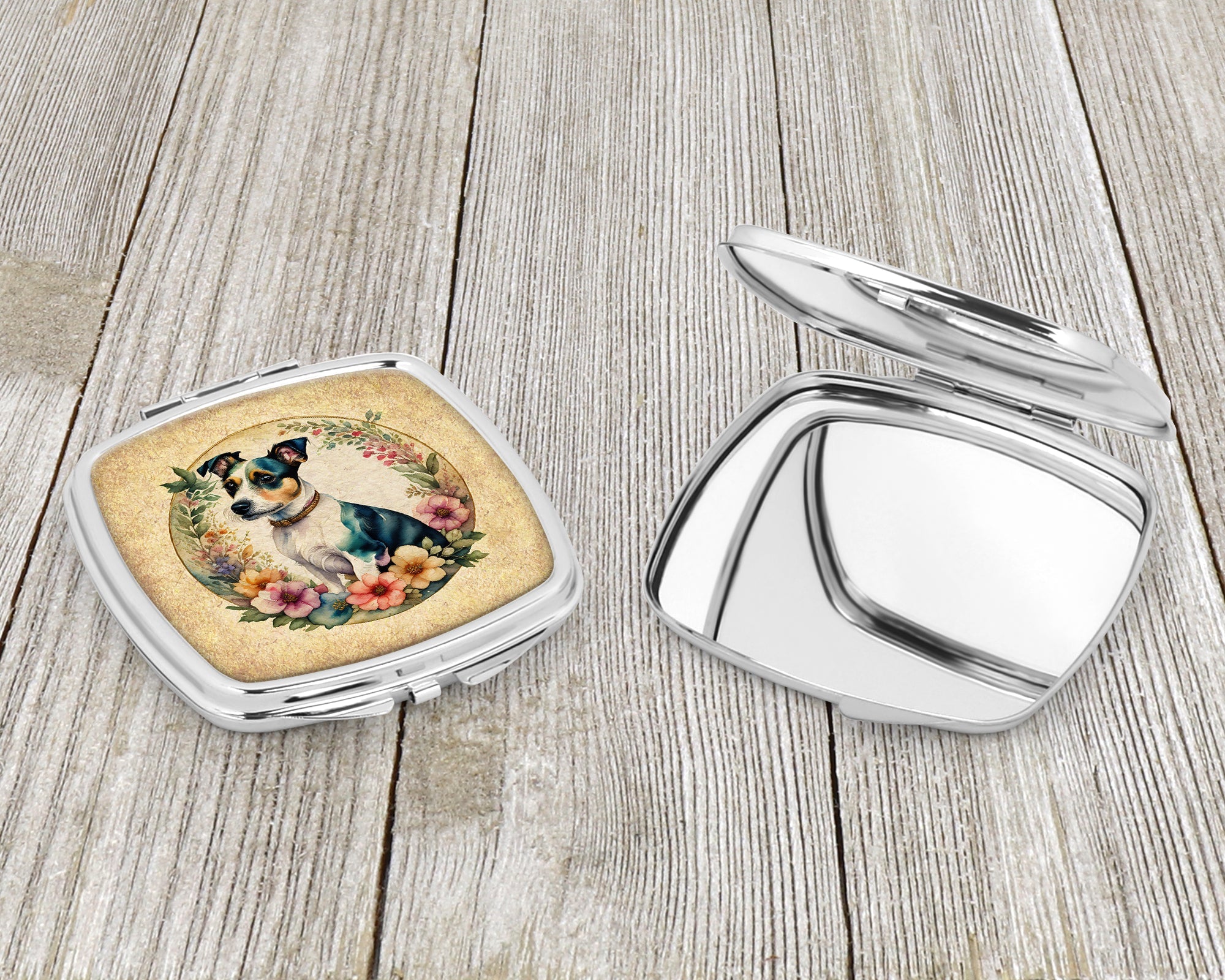 Jack Russell Terrier and Flowers Compact Mirror Decorative Travel Makeup Mirror for Women Girls Gifts Pocket Makeup Mirror Folding Handheld