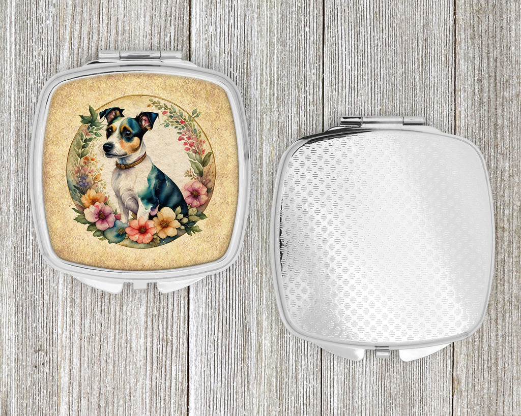 Jack Russell Terrier and Flowers Compact Mirror Decorative Travel Makeup Mirror for Women Girls Gifts Pocket Makeup Mirror Folding Handheld