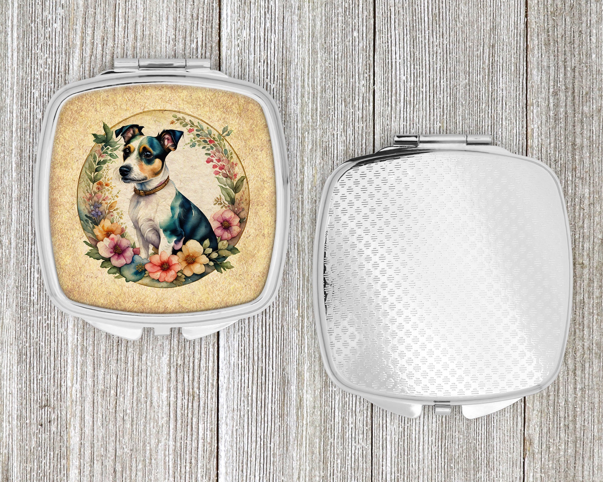 Jack Russell Terrier and Flowers Compact Mirror Decorative Travel Makeup Mirror for Women Girls Gifts Pocket Makeup Mirror Folding Handheld