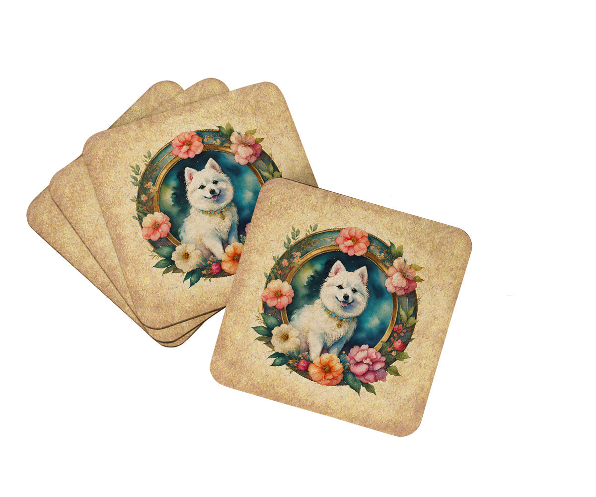 Japanese Spitz and Flowers Foam Coasters Set of 4 Cup Coasters for Indoor Outdoor, Tabletop Protection, Anti Slip, Mouse pad Material