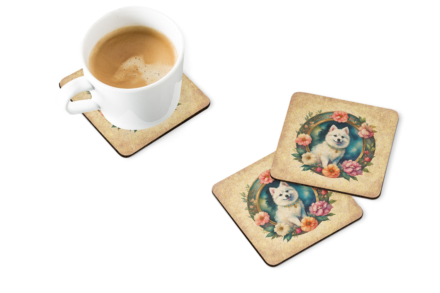 Japanese Spitz and Flowers Foam Coasters Set of 4 Cup Coasters for Indoor Outdoor, Tabletop Protection, Anti Slip, Mouse pad Material
