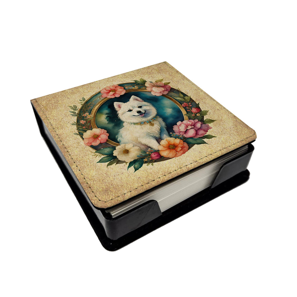 Japanese Spitz and Flowers PU Leather Note Paper Holder with Artist-Designed Cover, Desk Accessory, Office Gift