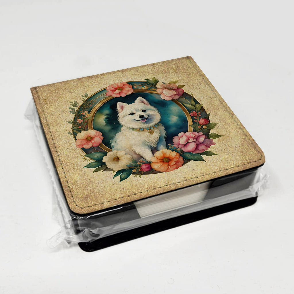 Japanese Spitz and Flowers PU Leather Note Paper Holder with Artist-Designed Cover, Desk Accessory, Office Gift