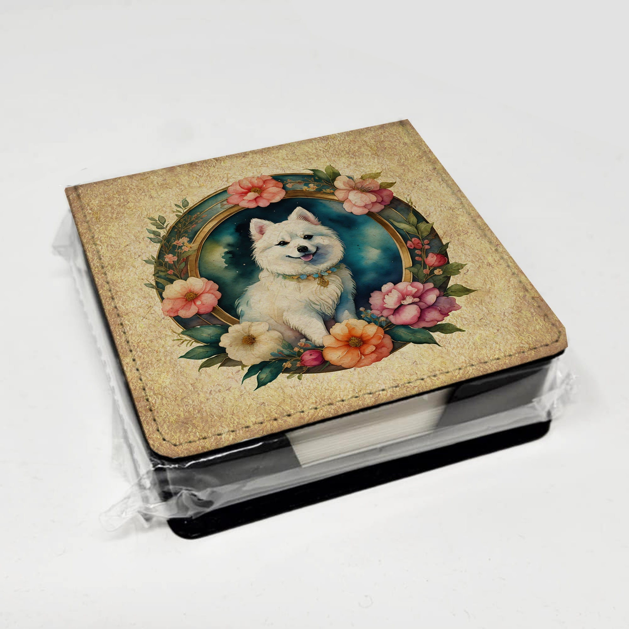 Japanese Spitz and Flowers PU Leather Note Paper Holder with Artist-Designed Cover, Desk Accessory, Office Gift