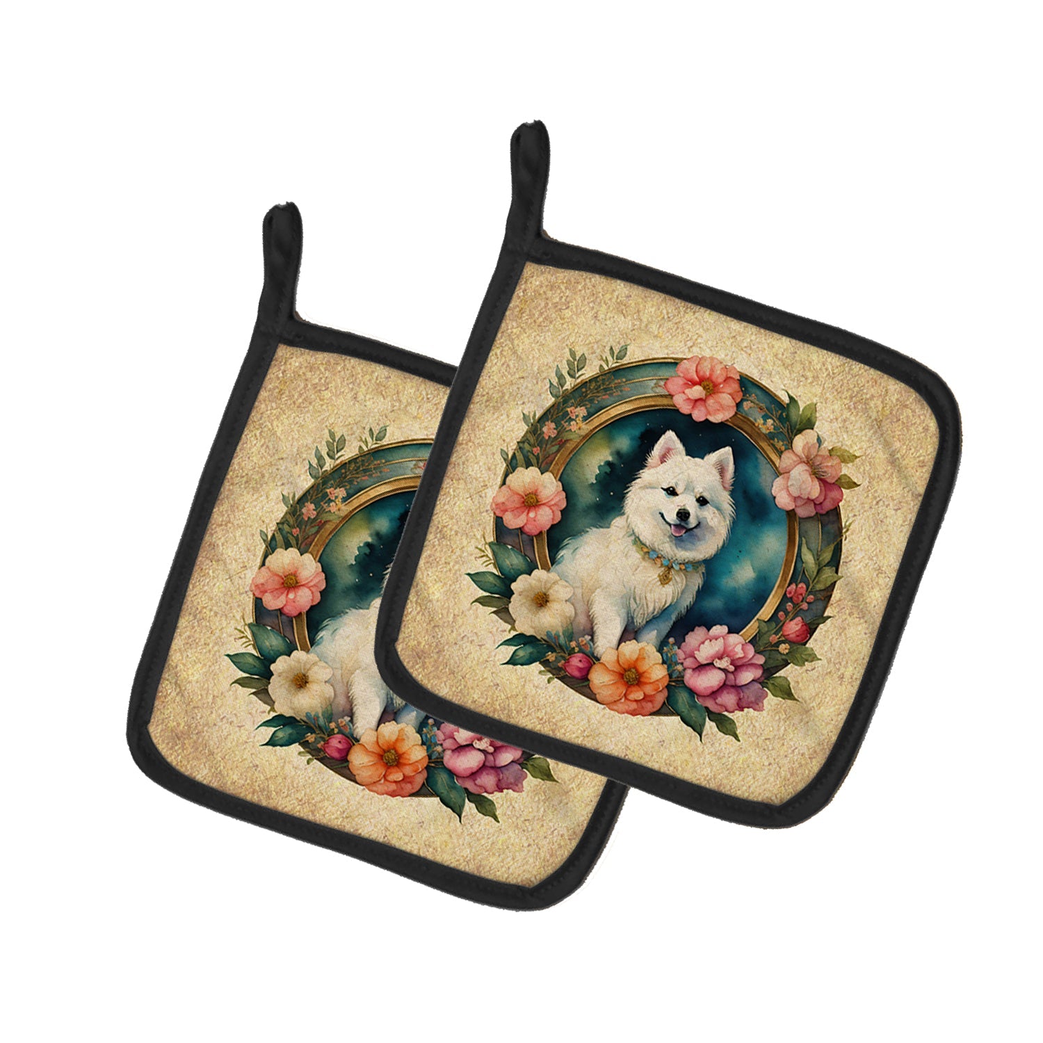 Japanese Spitz and Flowers Pot Holder Set of 2 Heat Resistant Quilted Hot Pads 7.5 x 7.5 Inch, Insulated Kitchen Trivets for Cooking & Baking