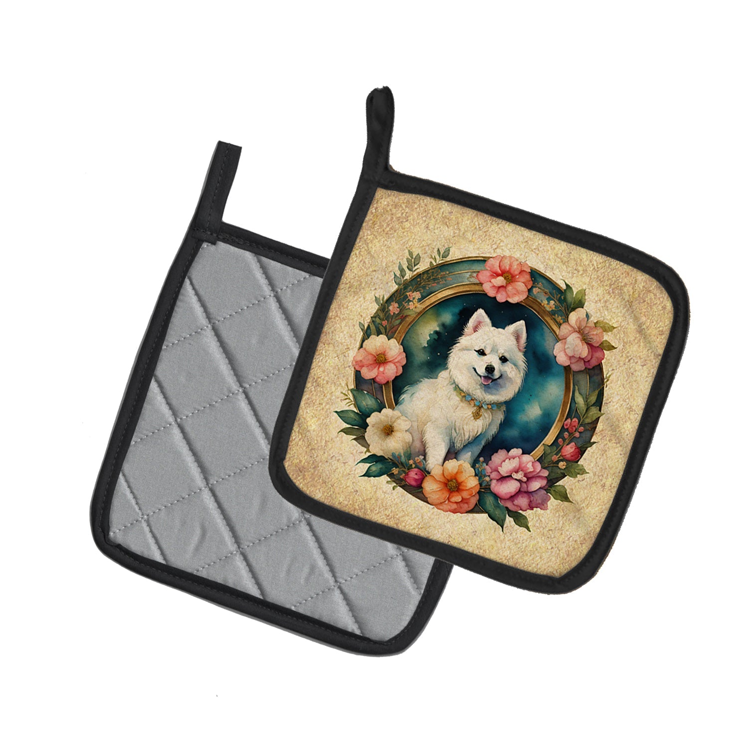 Japanese Spitz and Flowers Pot Holder Set of 2 Heat Resistant Quilted Hot Pads 7.5 x 7.5 Inch, Insulated Kitchen Trivets for Cooking & Baking