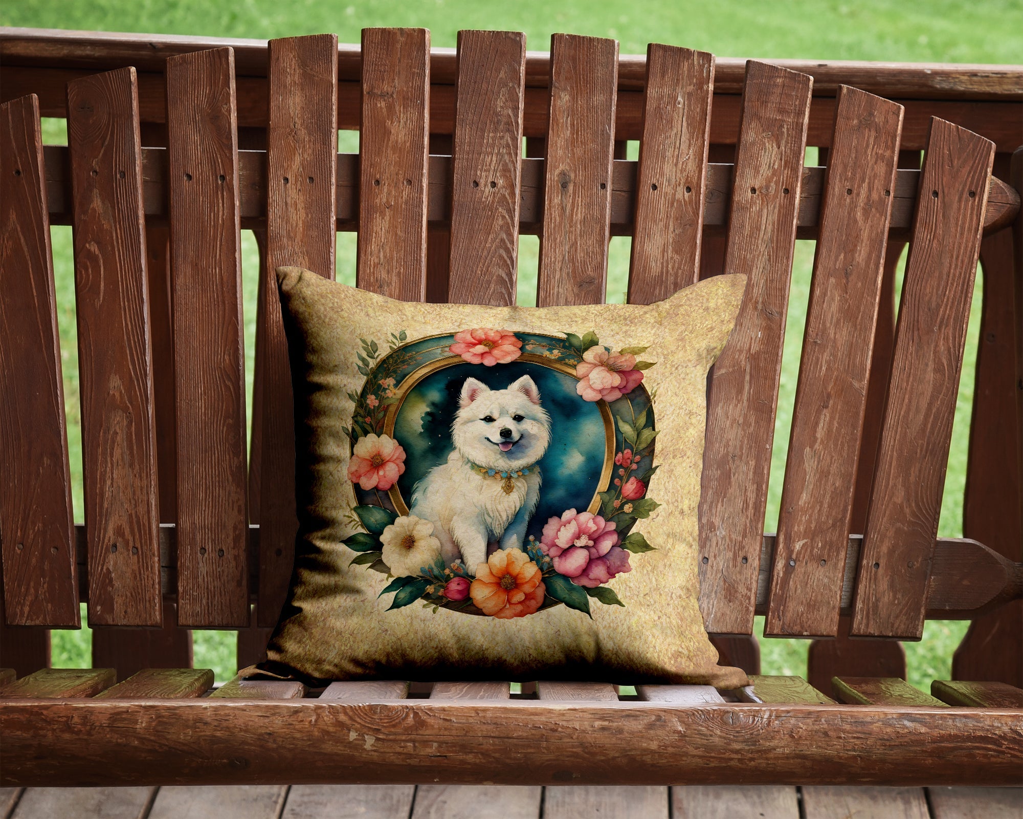 Japanese Spitz and Flowers Decorative Throw Pillow 14x14 Indoor Outdoor Accent Cushion, Fabric Cover with Insert for Sofa, Bed, Porch & Living Room