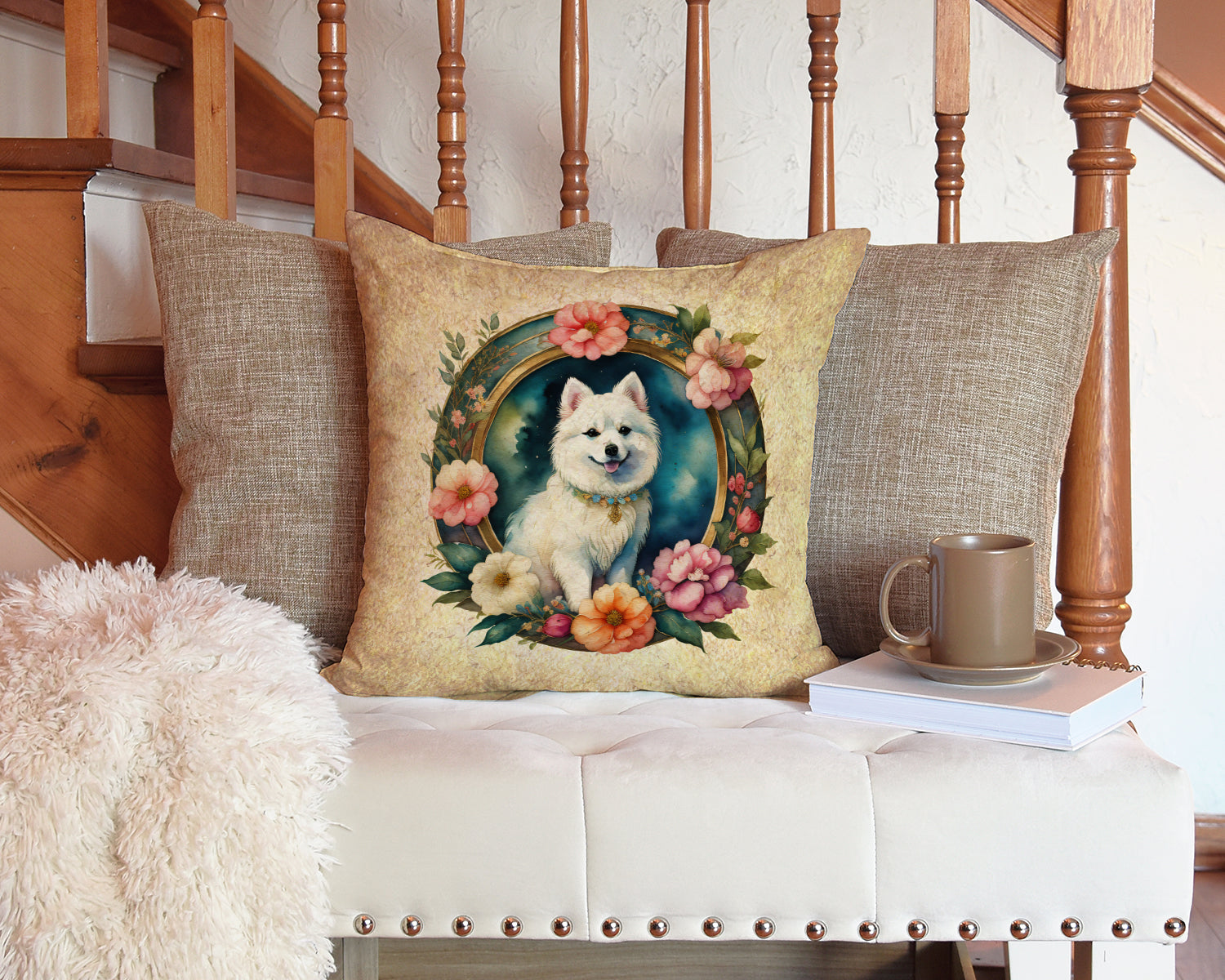 Japanese Spitz and Flowers Decorative Throw Pillow 14x14 Indoor Outdoor Accent Cushion, Fabric Cover with Insert for Sofa, Bed, Porch & Living Room