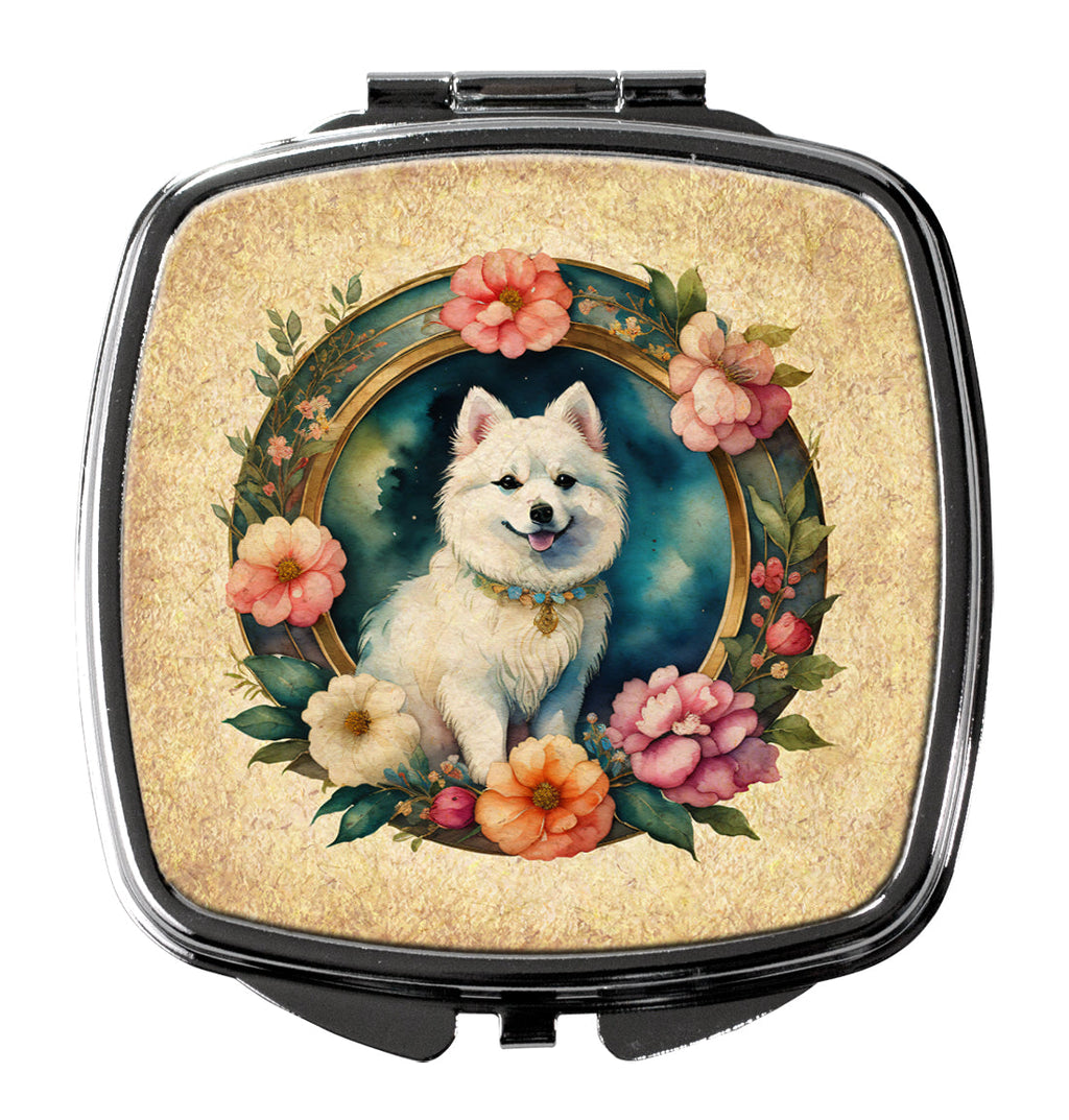 Japanese Spitz and Flowers Compact Mirror Decorative Travel Makeup Mirror for Women Girls Gifts Pocket Makeup Mirror Folding Handheld